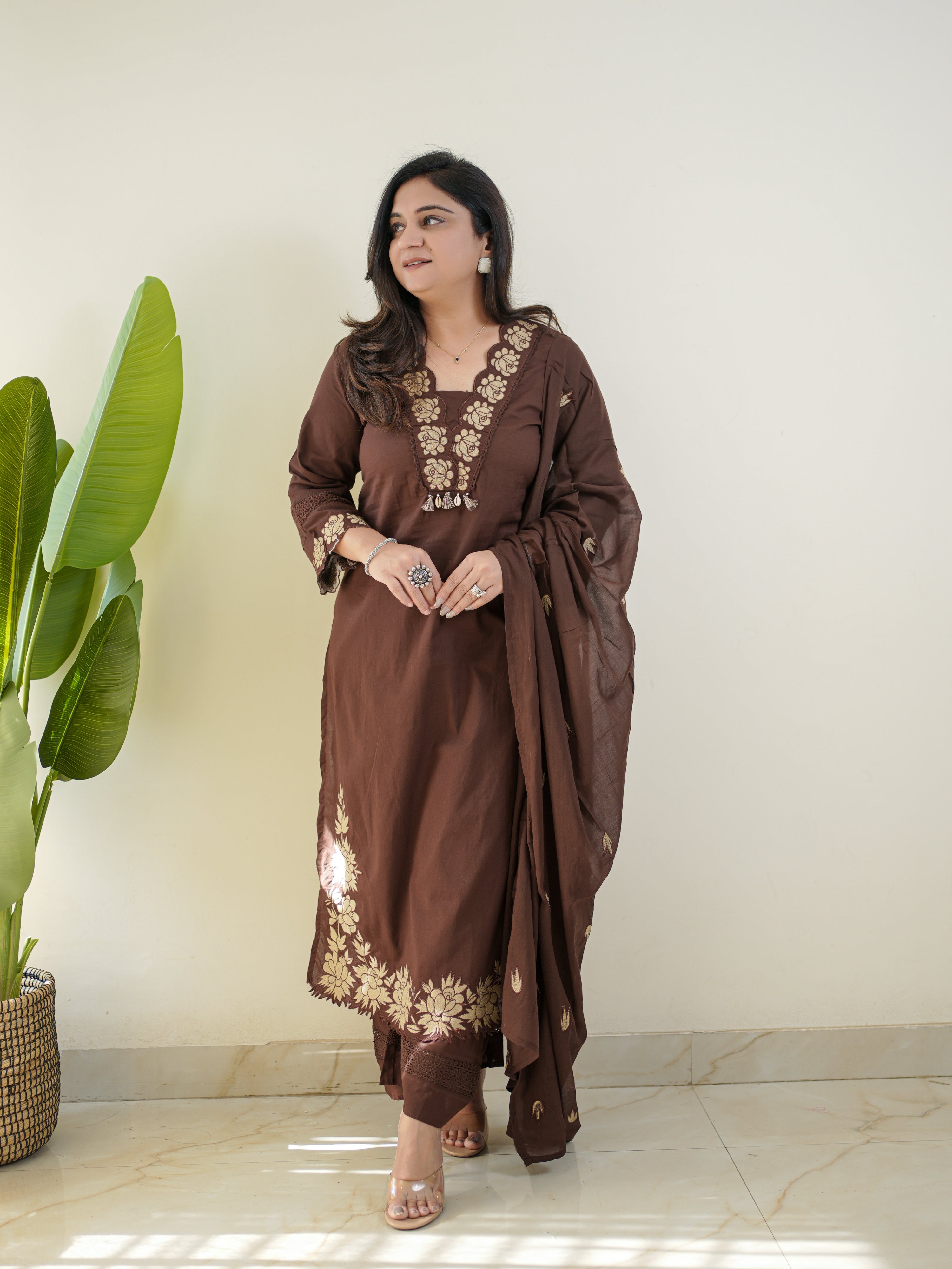 Gazal Brown Premium Cotton Embroidered Pant set