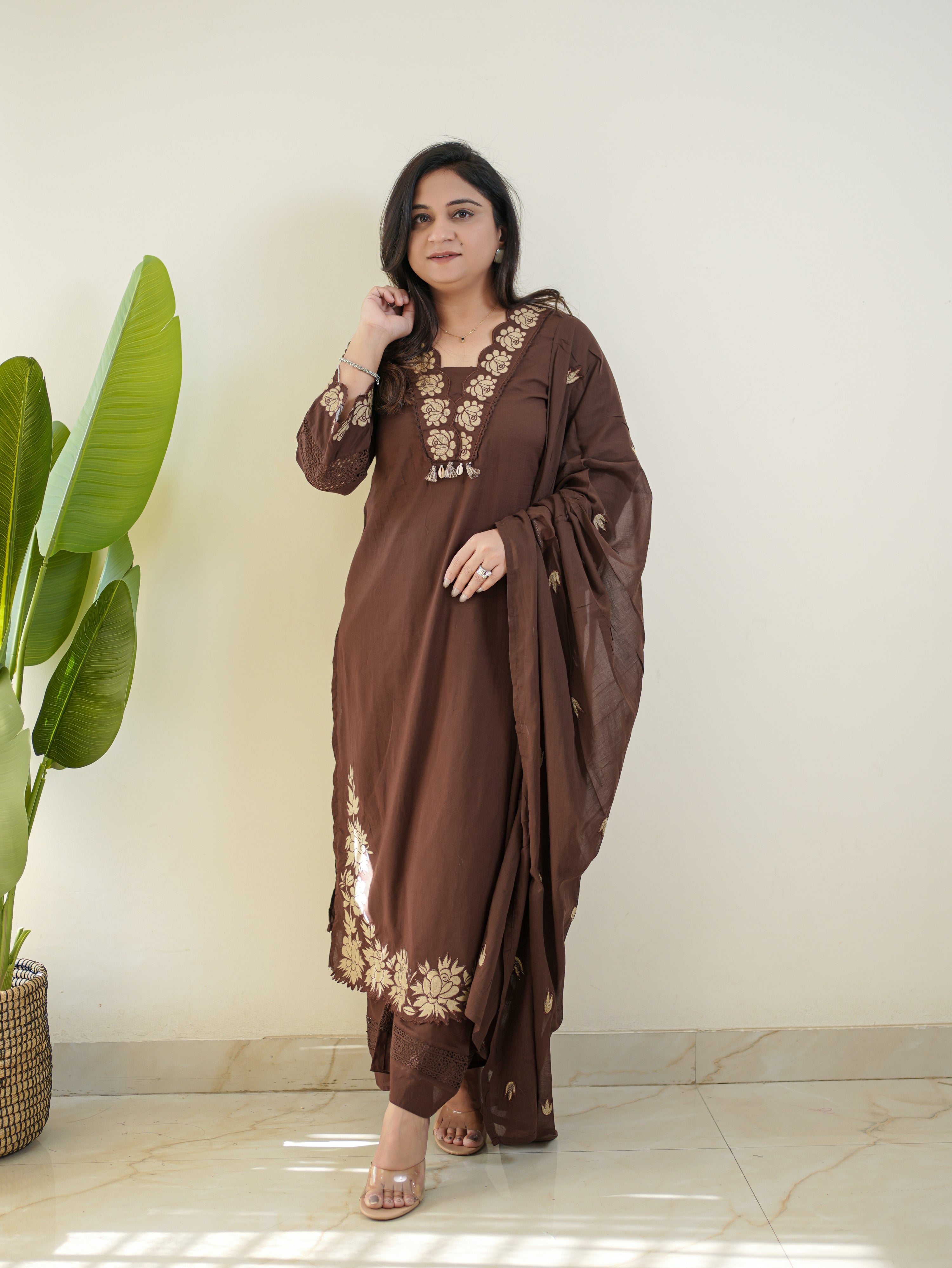 Gazal Brown Premium Cotton Embroidered Pant set