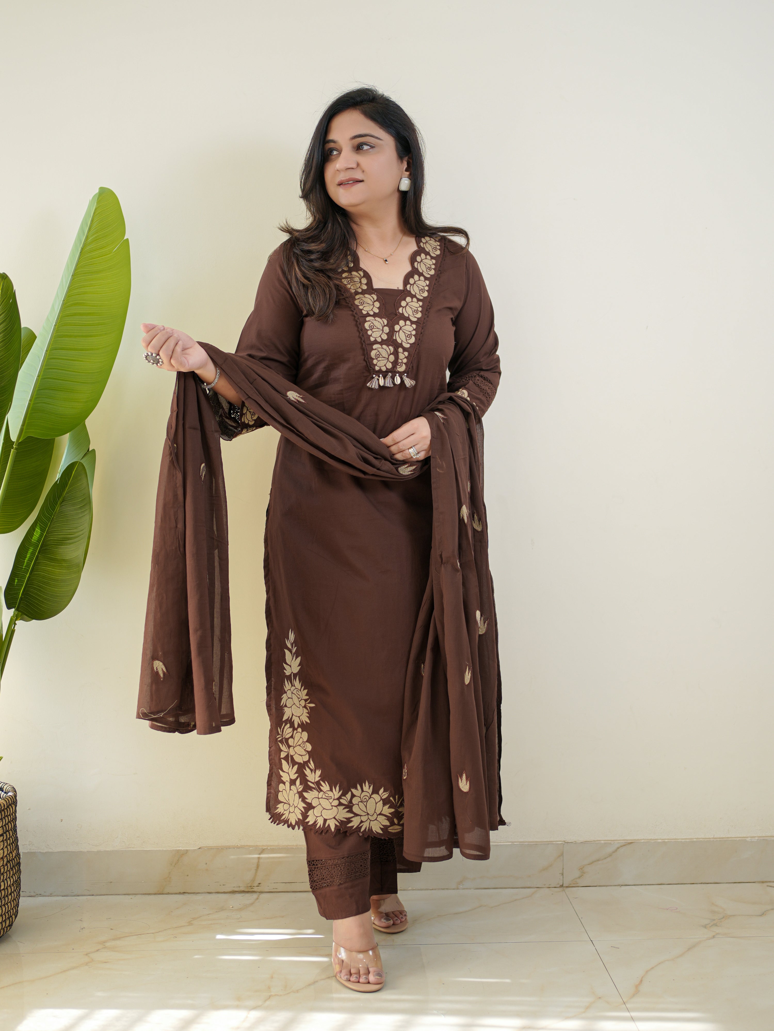 Gazal Brown Premium Cotton Embroidered Pant set