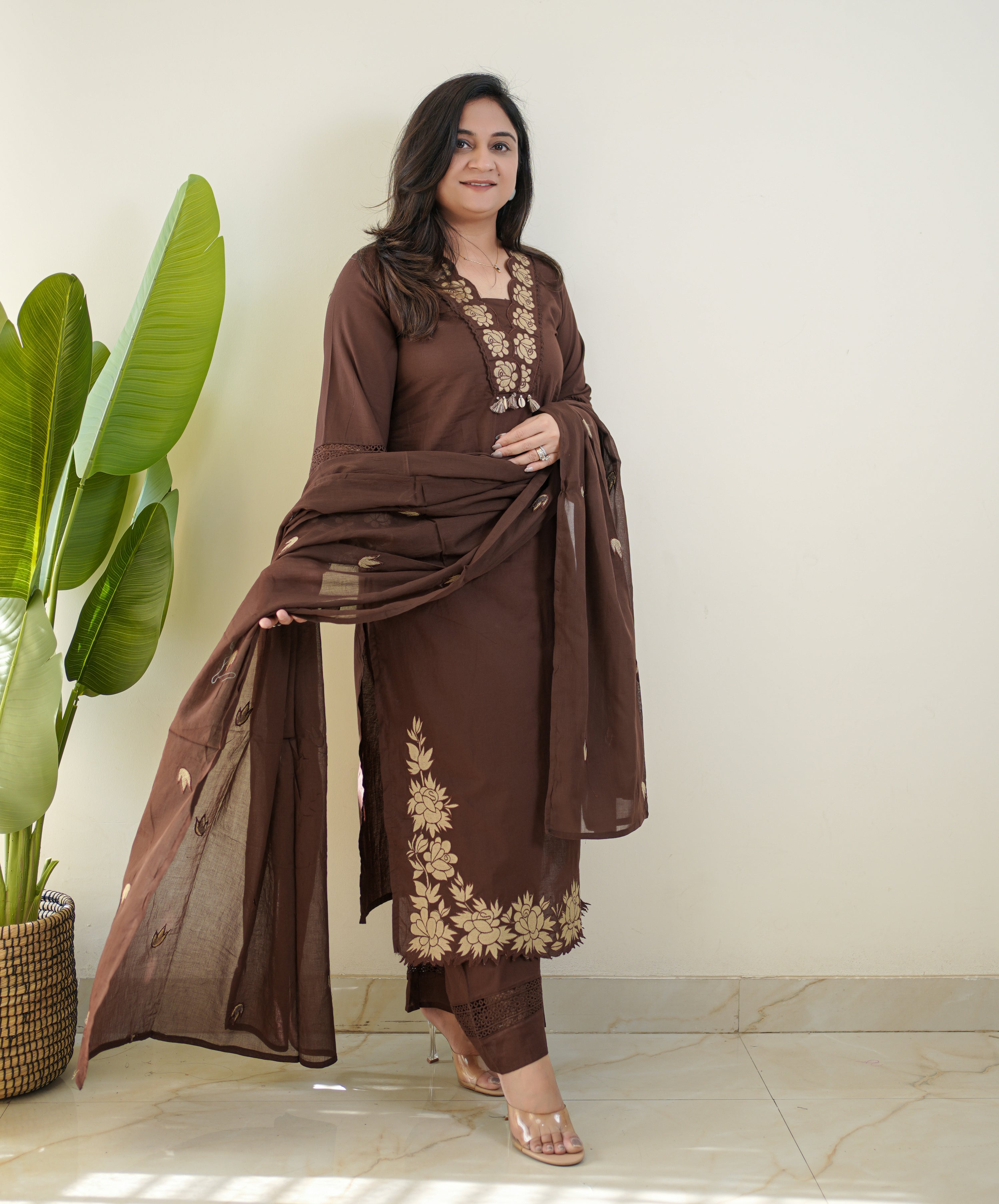 Gazal Brown Premium Cotton Embroidered Pant set