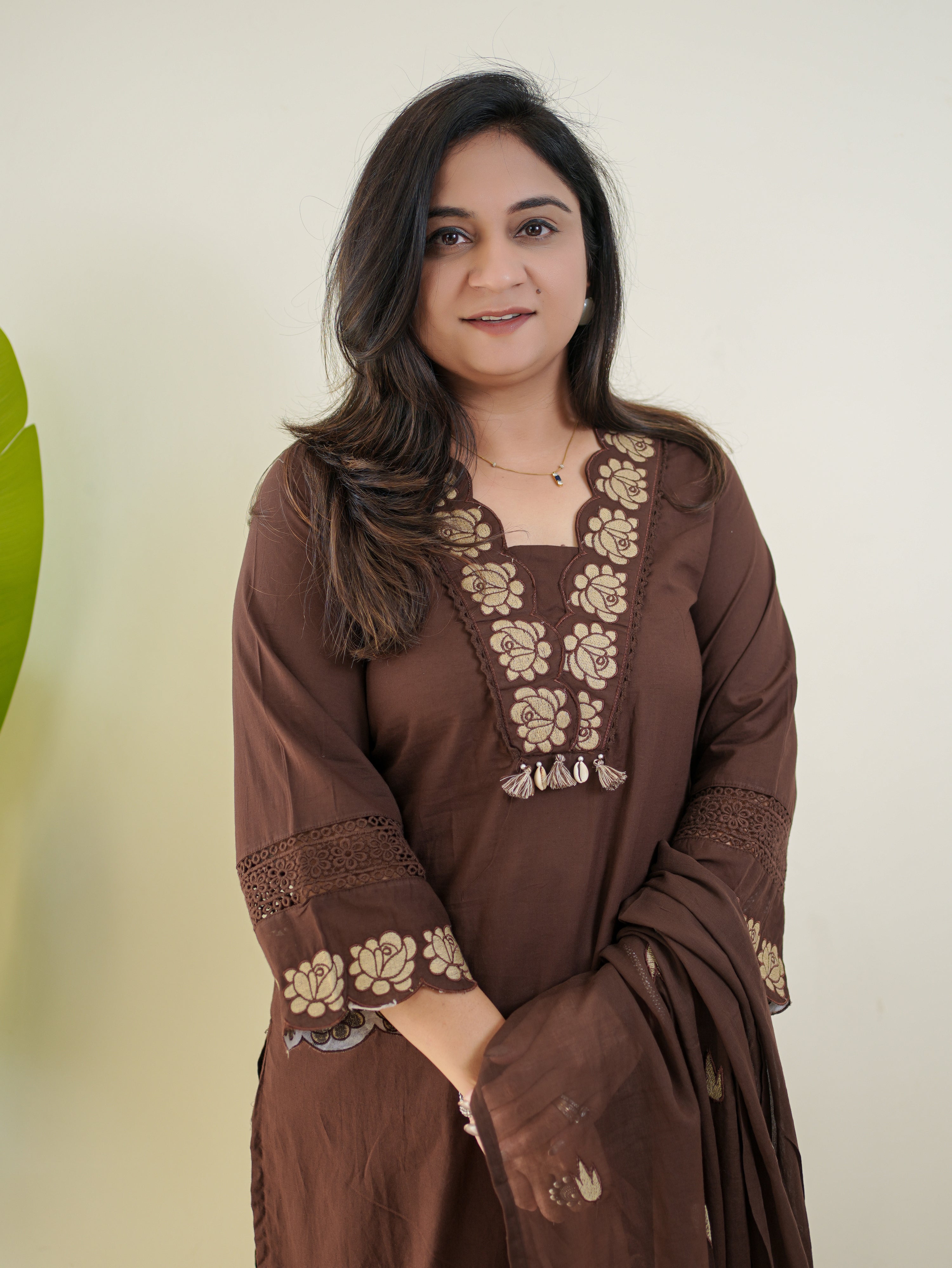 Gazal Brown Premium Cotton Embroidered Pant set