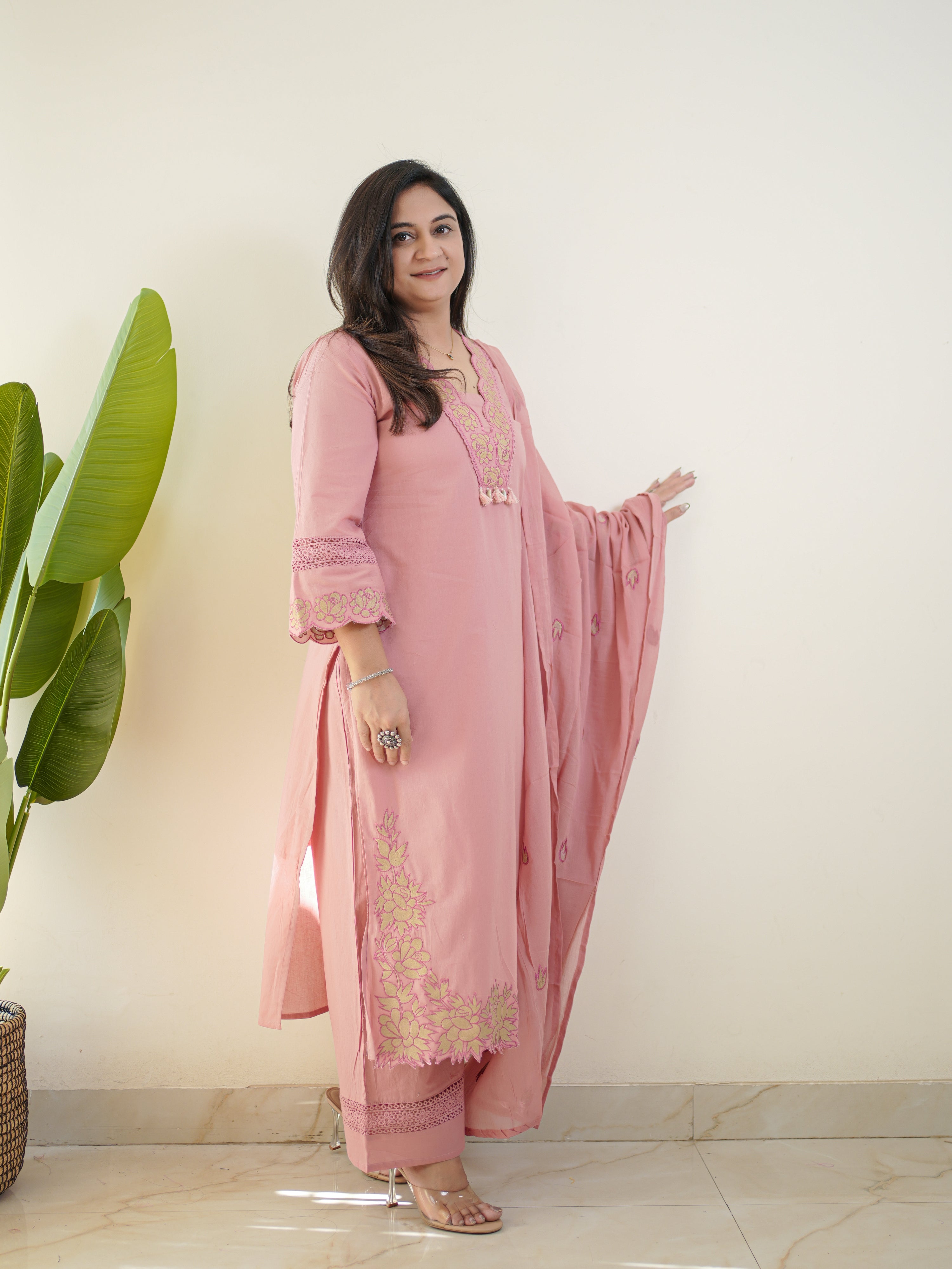 Gazal Pink Premium Cotton Embroidered Pant Set