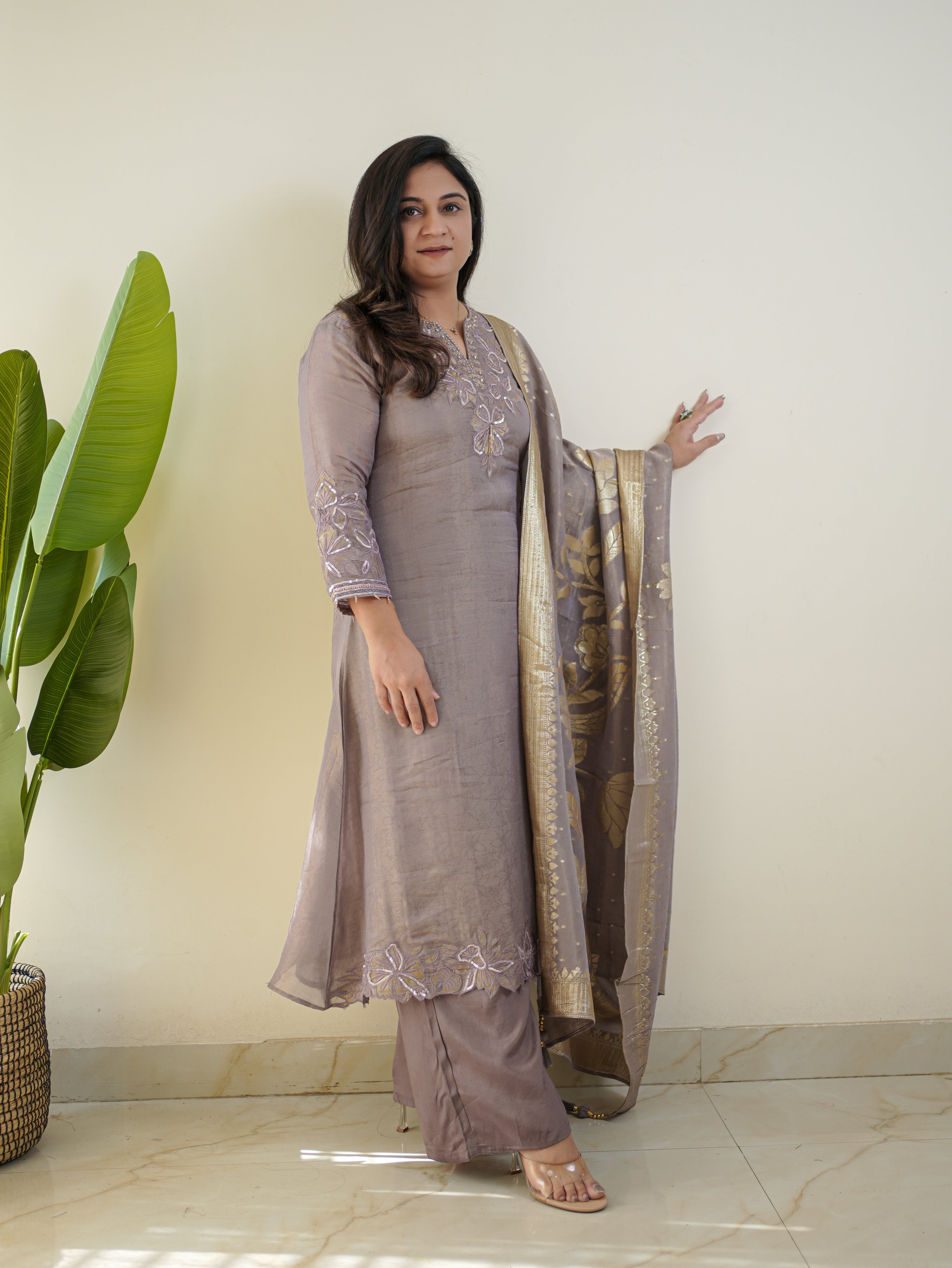 Noor Grey Asymmetric Shimmer Tissue HandEmbroidered Pant Set - The Jaipur Studio