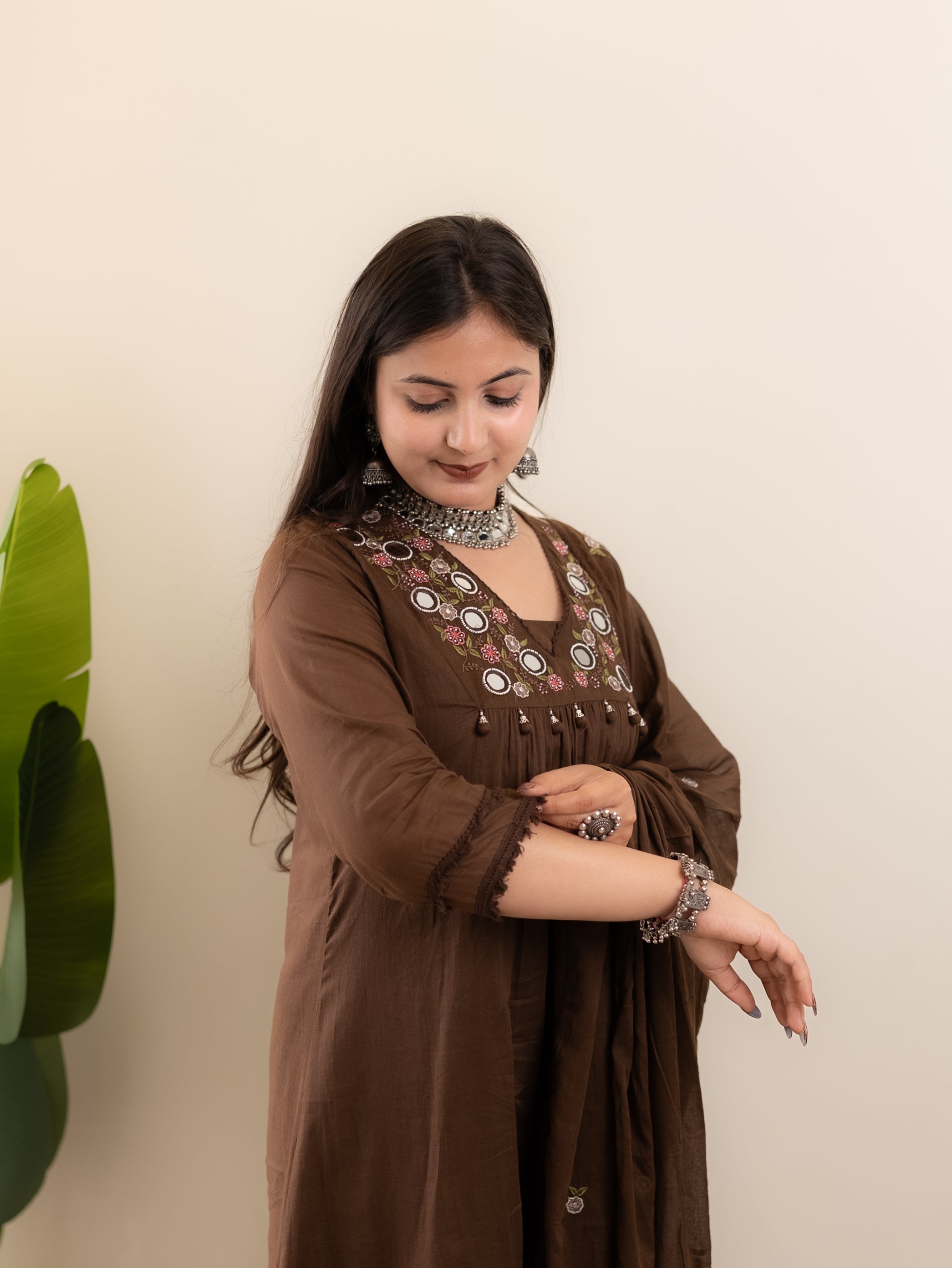 Samya Brown MulCotton HandEmbroidered A-line Pant Set