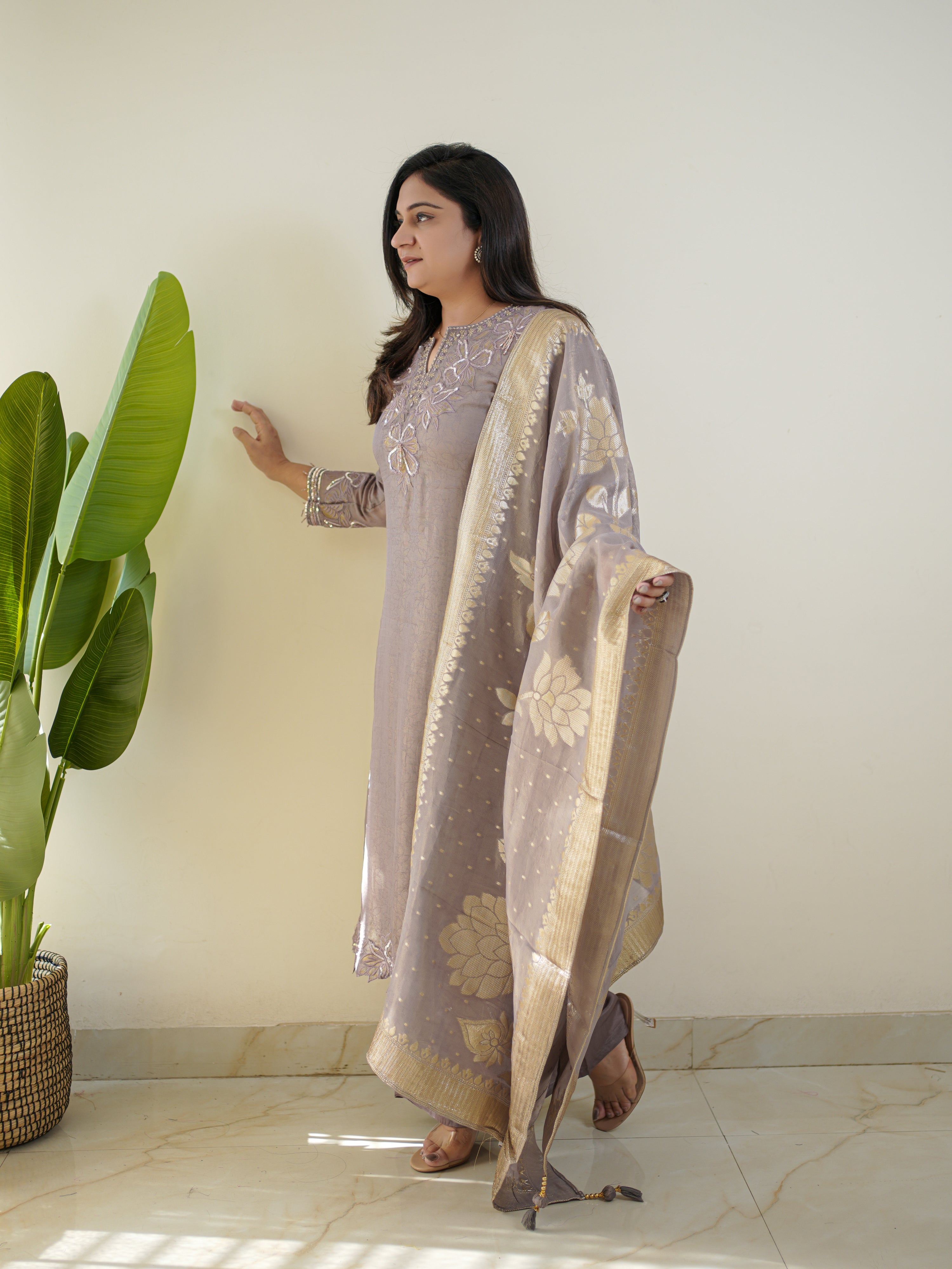 Noor Grey Asymmetric Shimmer Tissue HandEmbroidered Pant Set - The Jaipur Studio