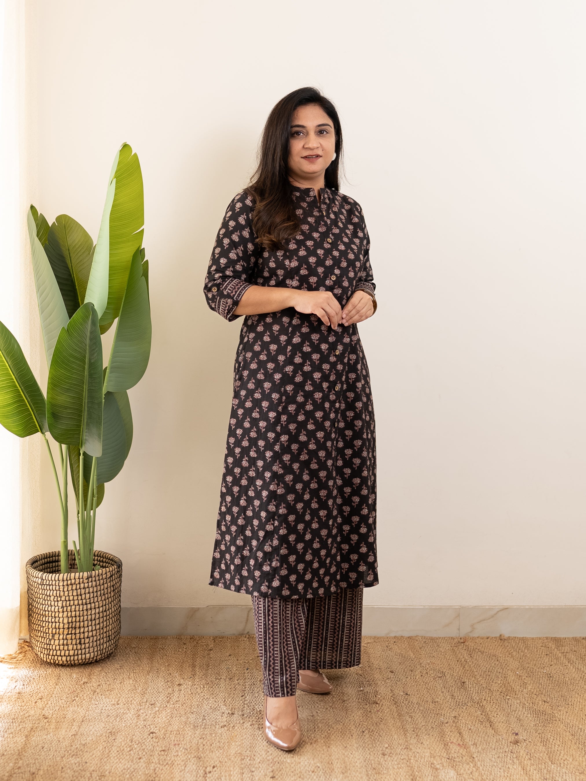 Nargis Black Handblock A-line Cotton Coord Set