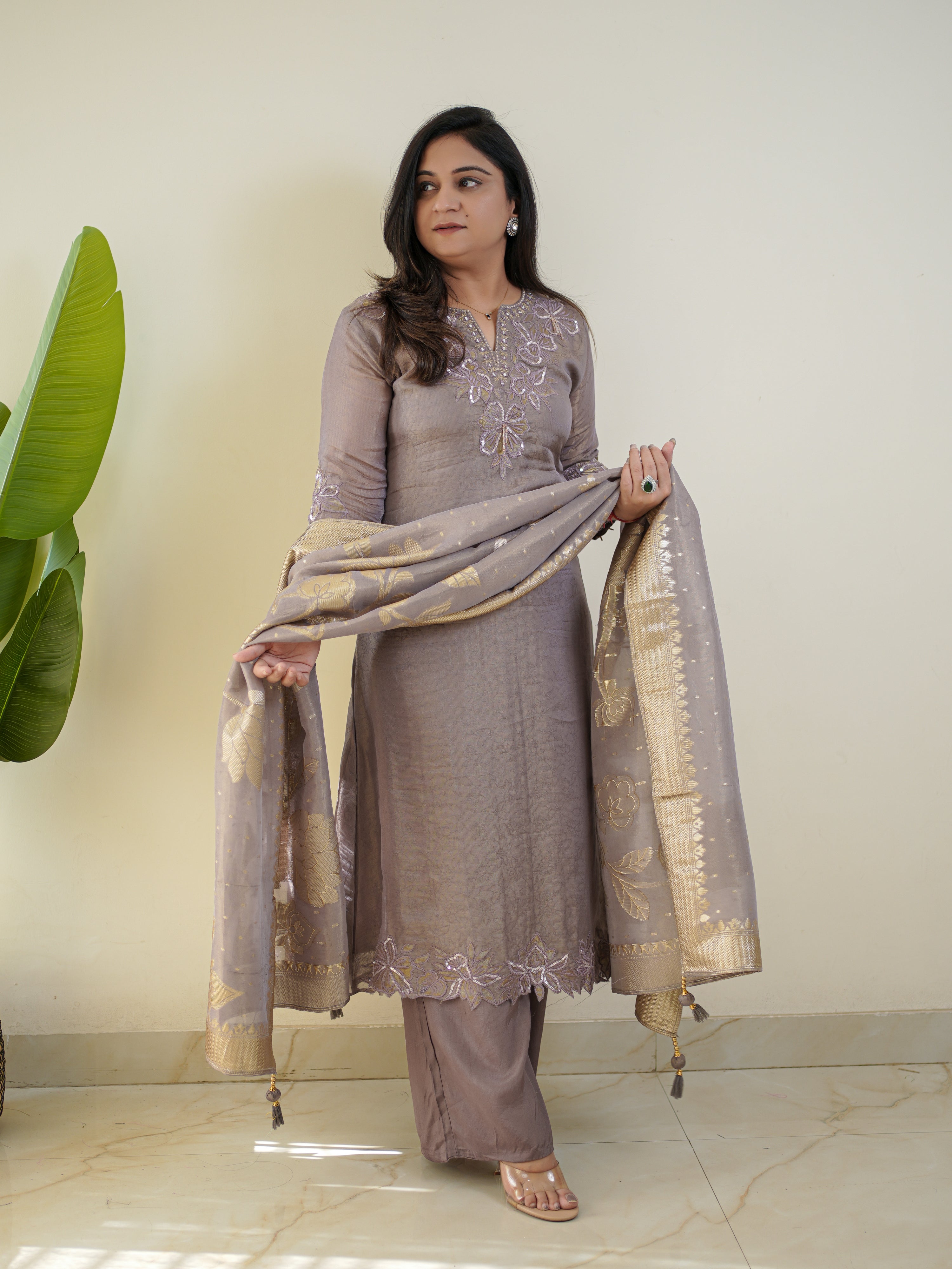 Noor Grey Asymmetric Shimmer Tissue HandEmbroidered Pant Set - The Jaipur Studio