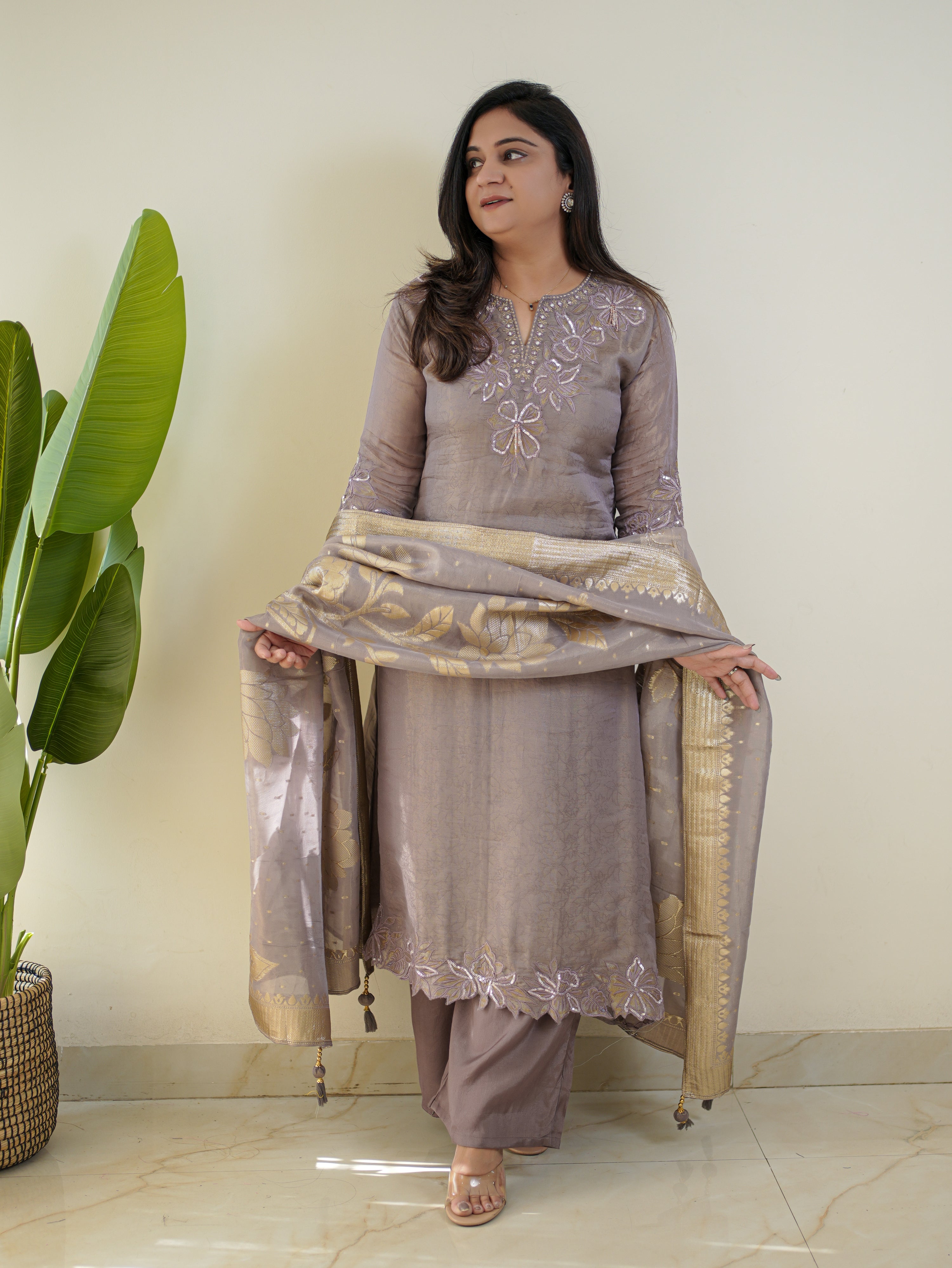 Noor Grey Asymmetric Shimmer Tissue HandEmbroidered Pant Set - The Jaipur Studio