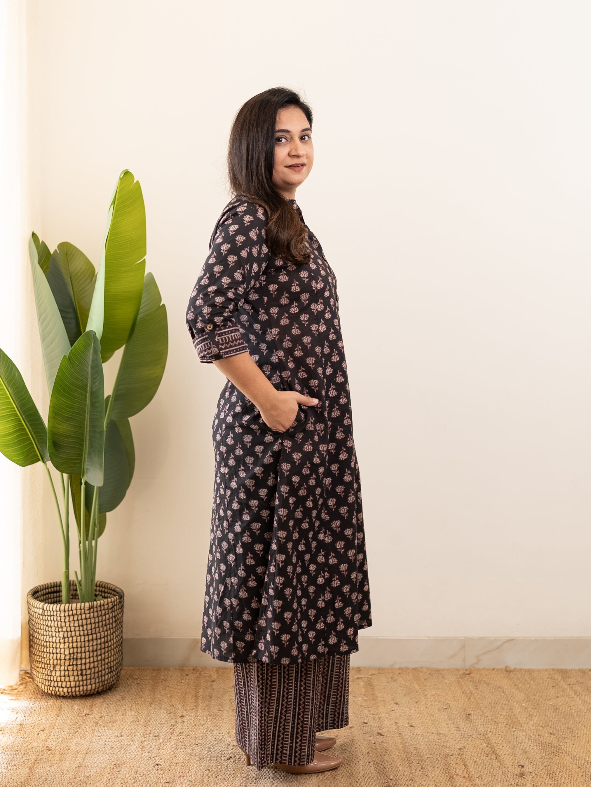 Nargis Black Handblock A-line Cotton Coord Set