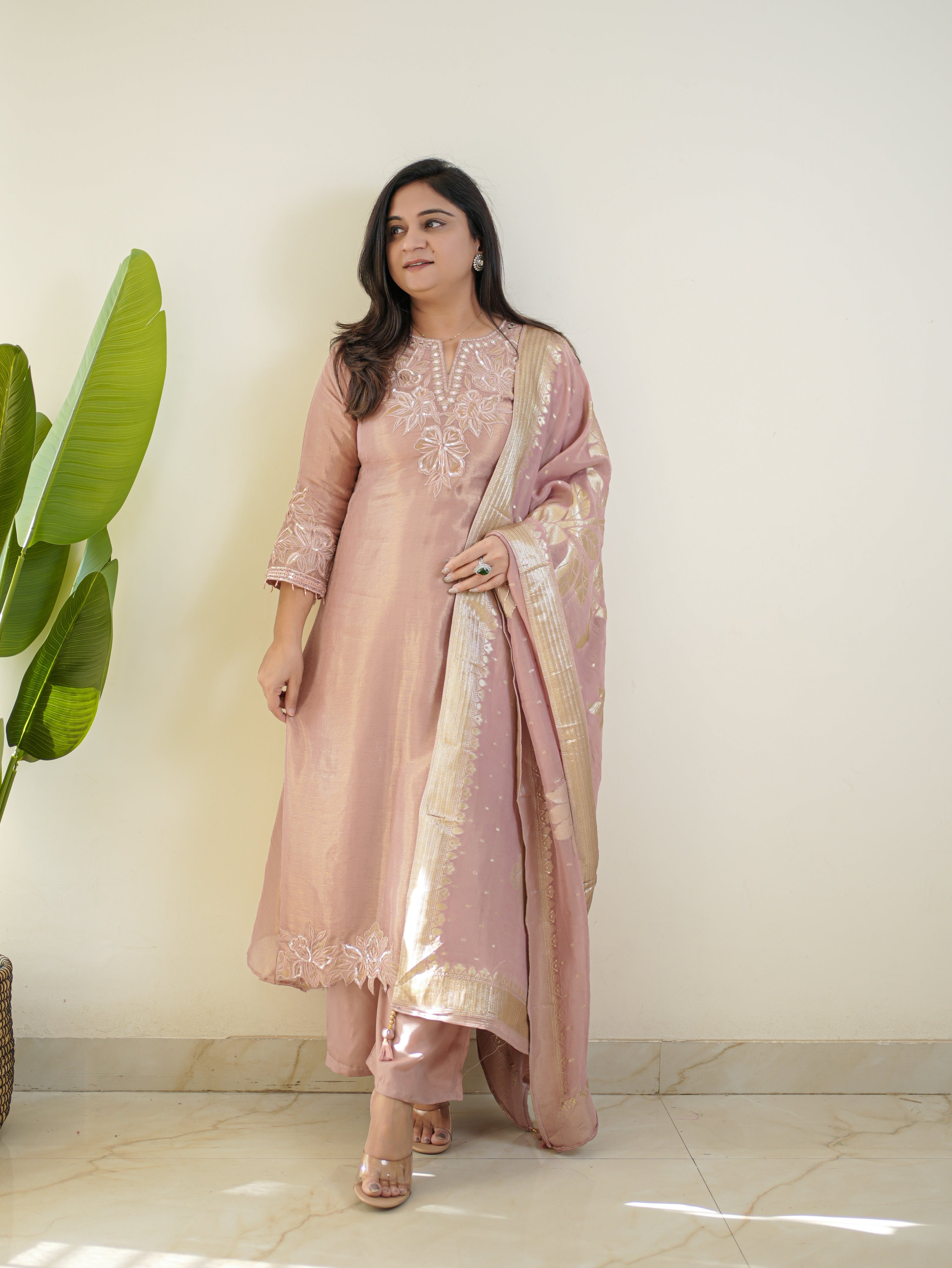 Noor Pink Asymmetric Shimmer Tissue HandEmbroidered Pant Set