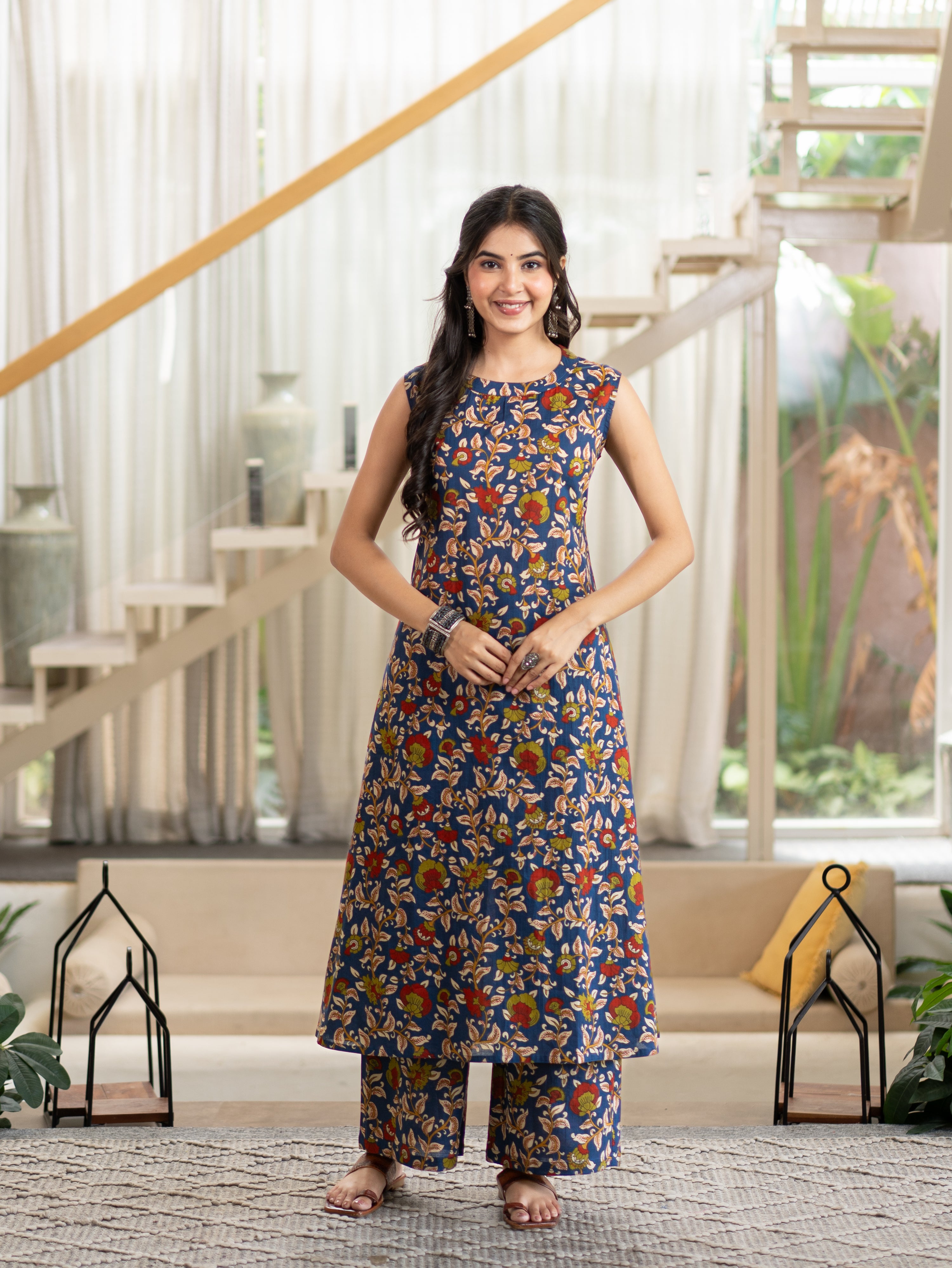 Zinal Blue Kamlamkari Cotton A-line Coord Set