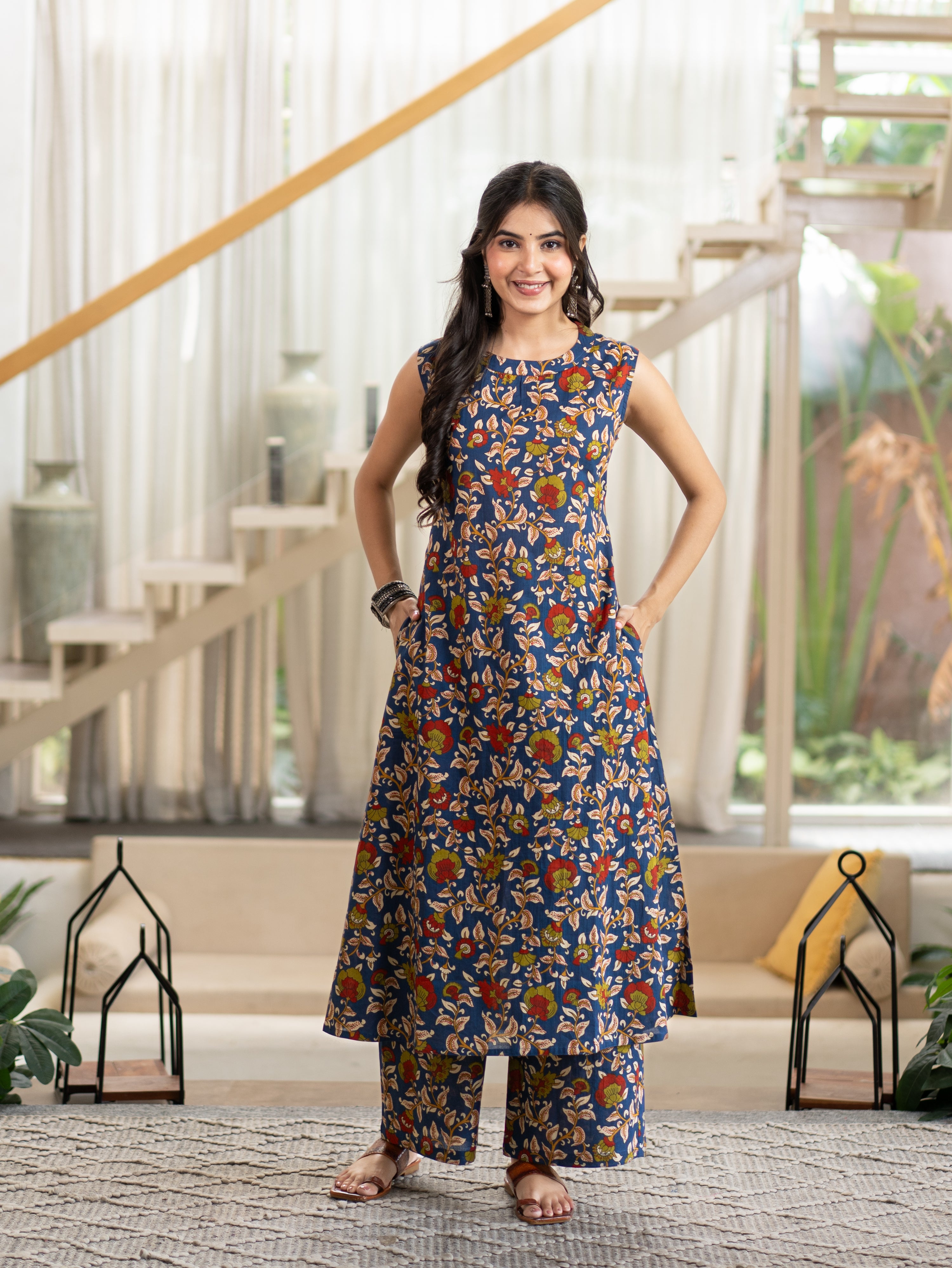 Zinal Blue Kamlamkari Cotton A-line Coord Set
