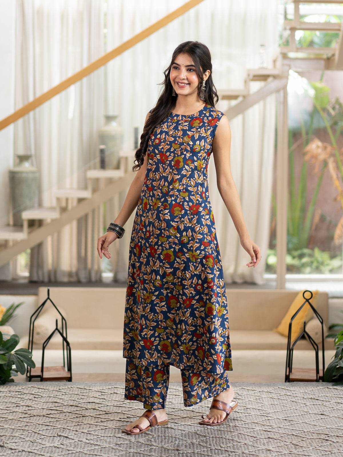 Zinal Blue Kamlamkari Cotton A-line Coord Set