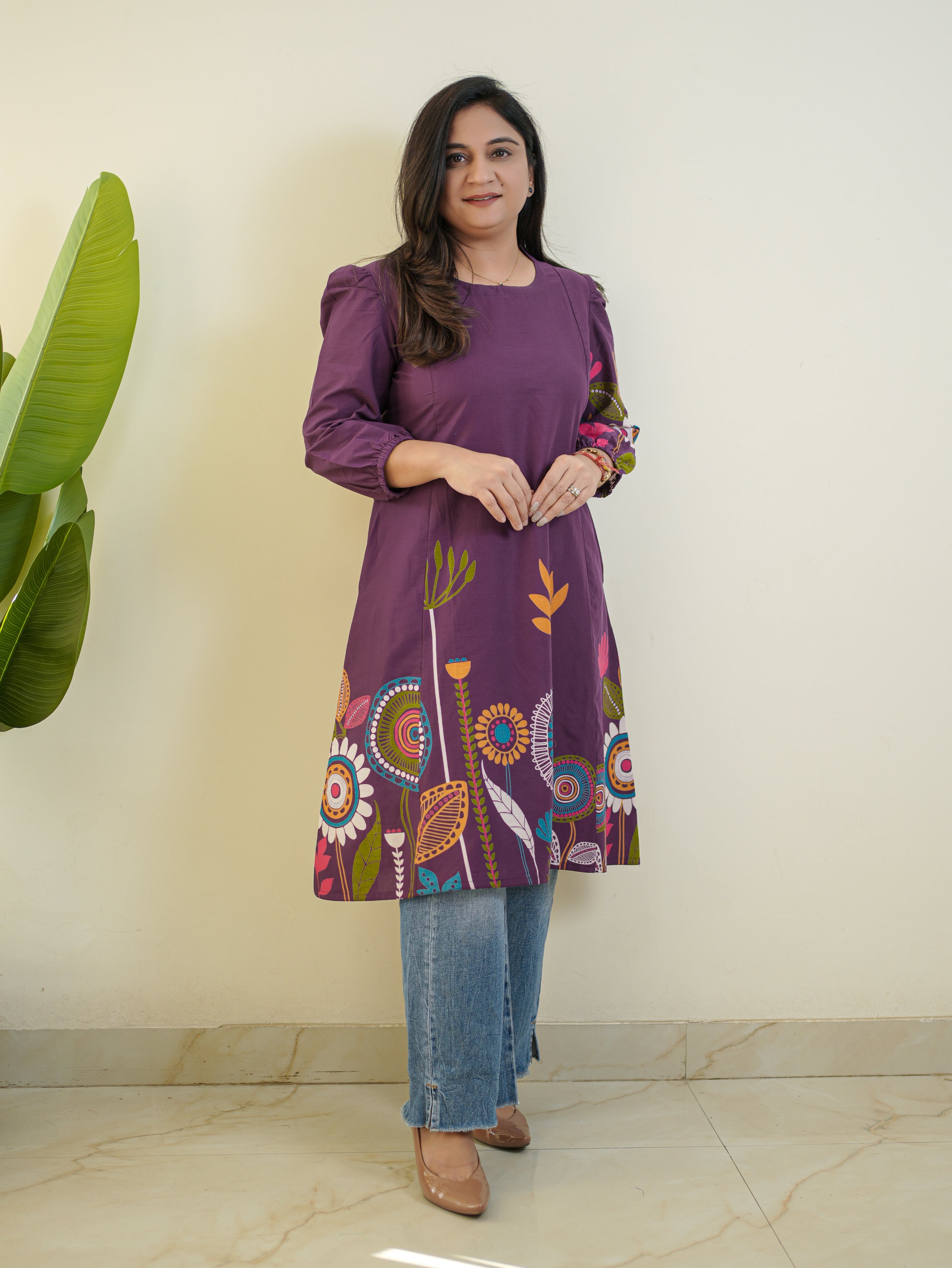 Purple Cotton Floral A-line Kurta
