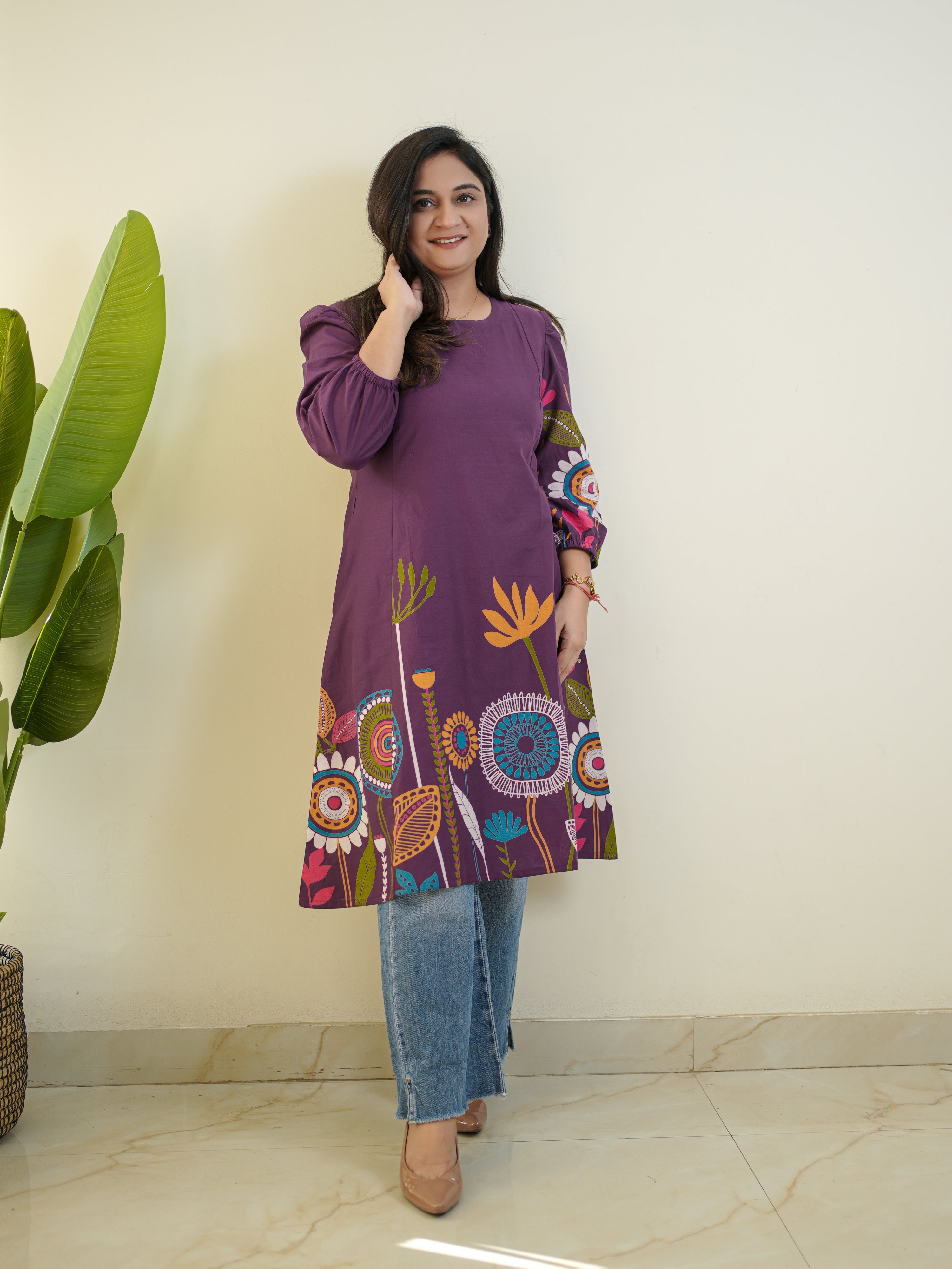 Purple Cotton Floral A-line Kurta