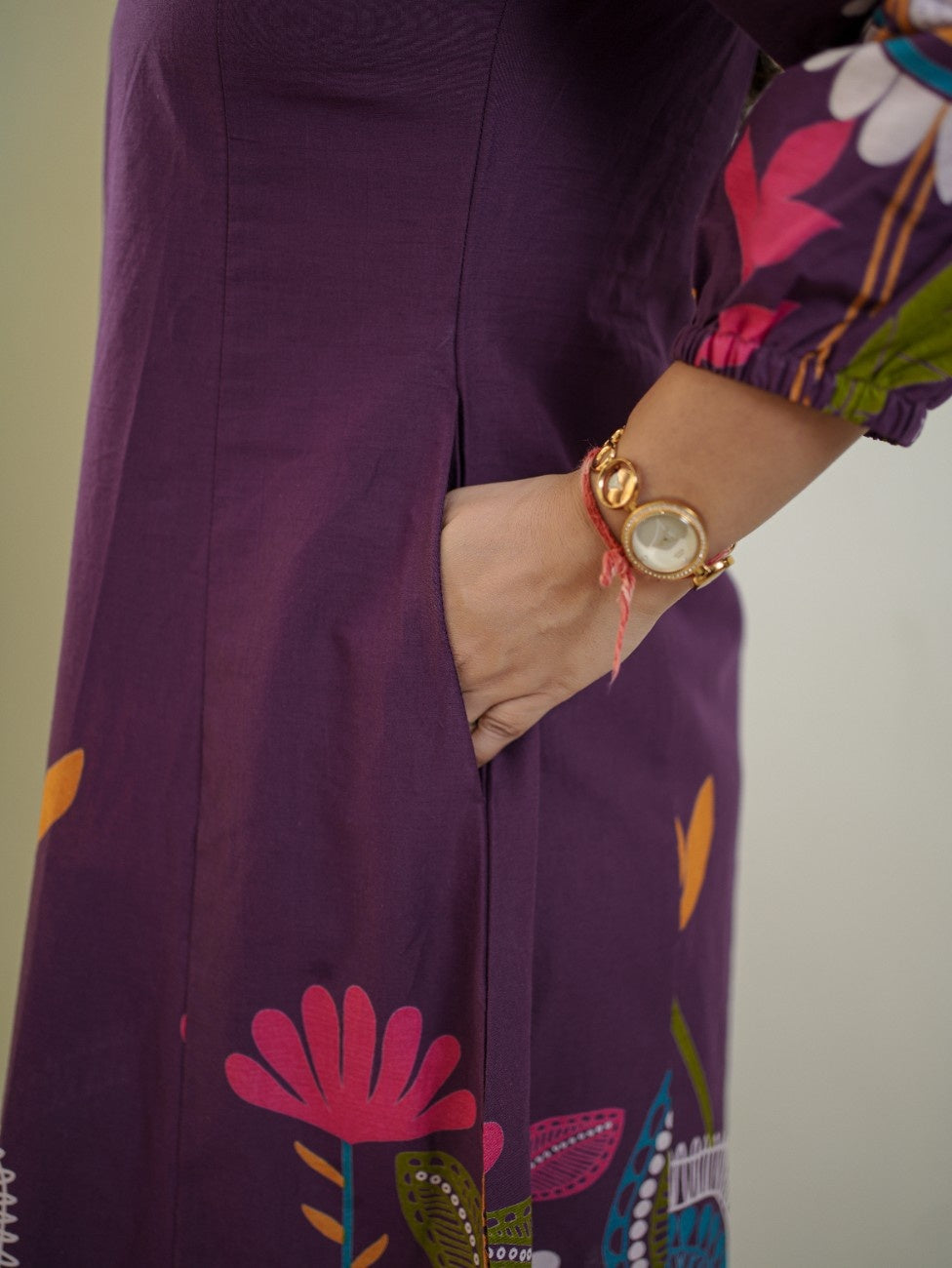 Purple Cotton Floral A-line Kurta