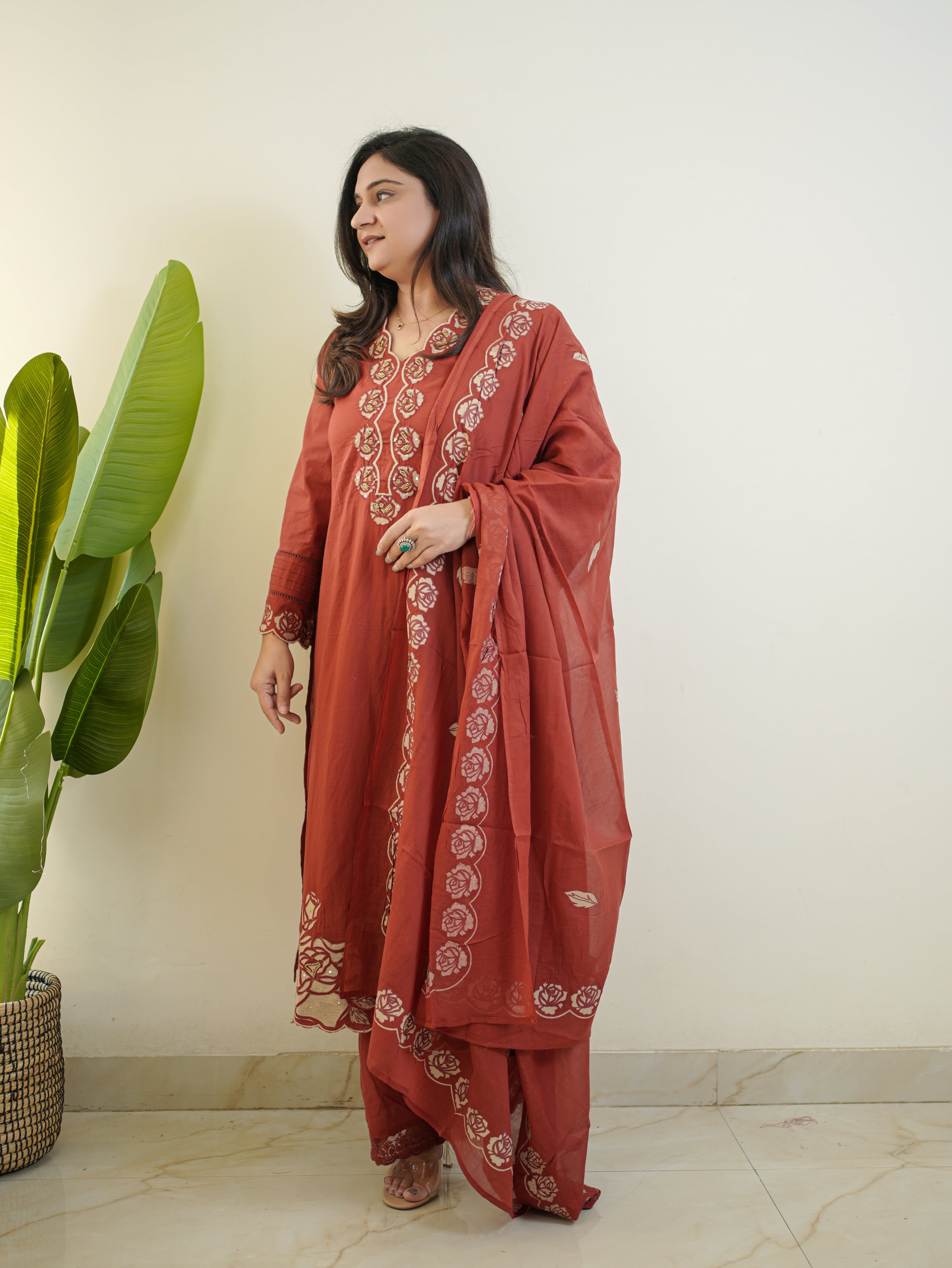 Sejal Rust Cotton Cutwork Applique HandEmbroidered Pant set