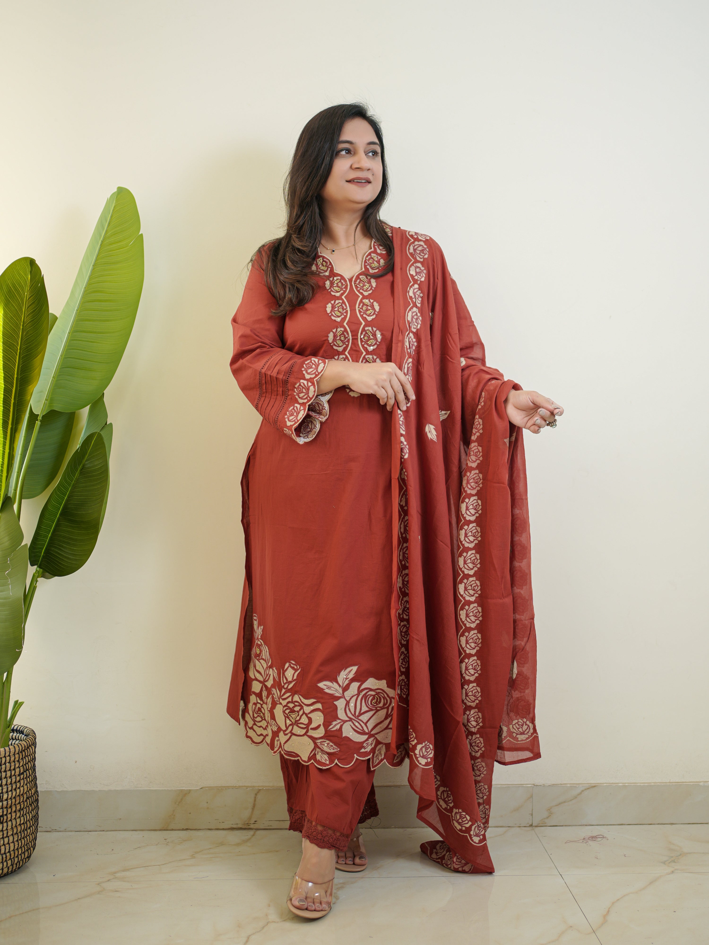 Sejal Rust Cotton Cutwork Applique HandEmbroidered Pant set