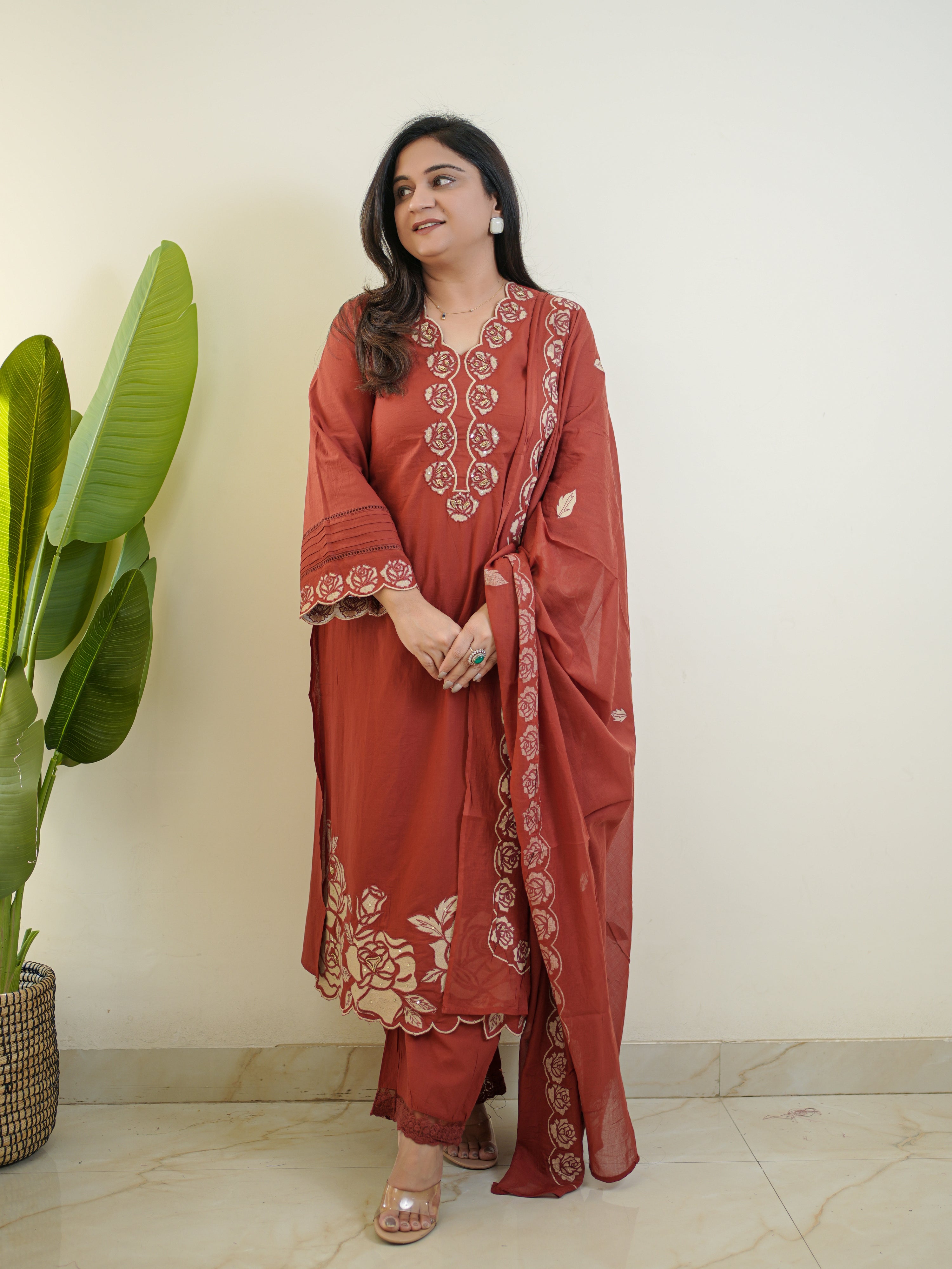 Sejal Rust Cotton Cutwork Applique HandEmbroidered Pant set