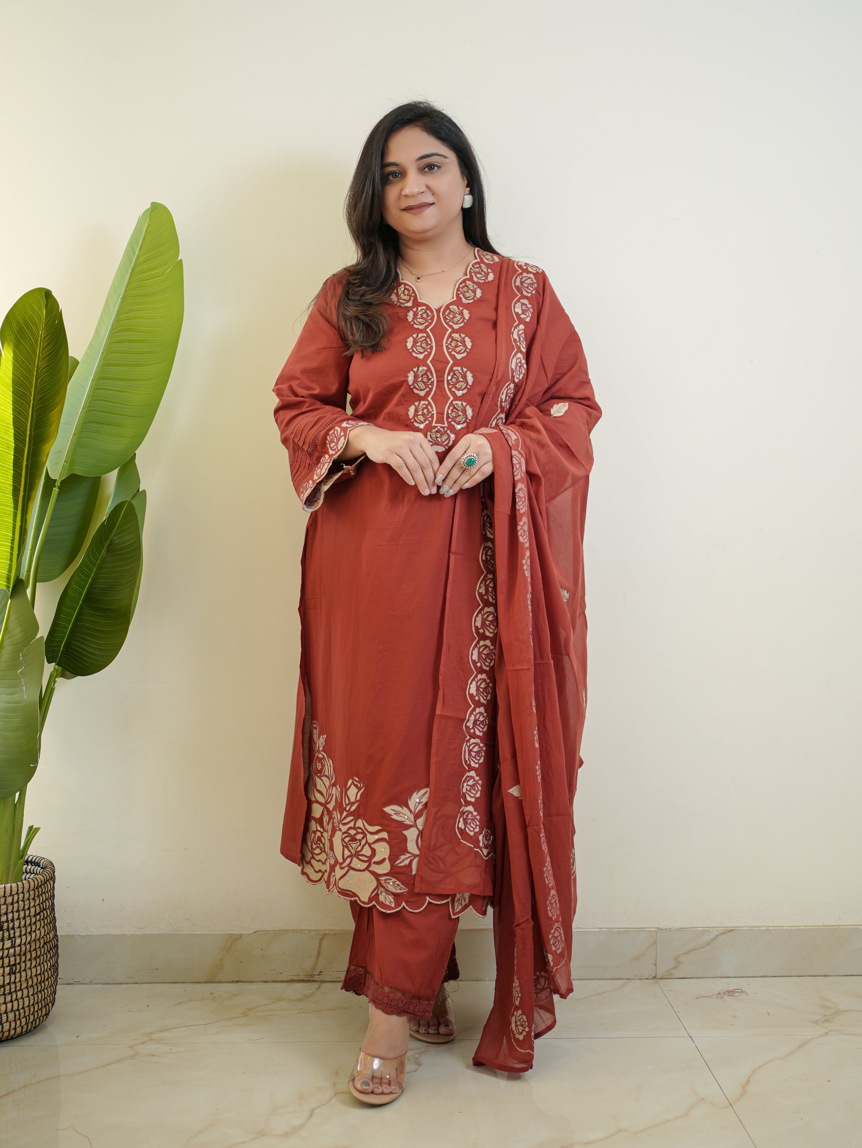 Sejal Rust Cotton Cutwork Applique HandEmbroidered Pant set