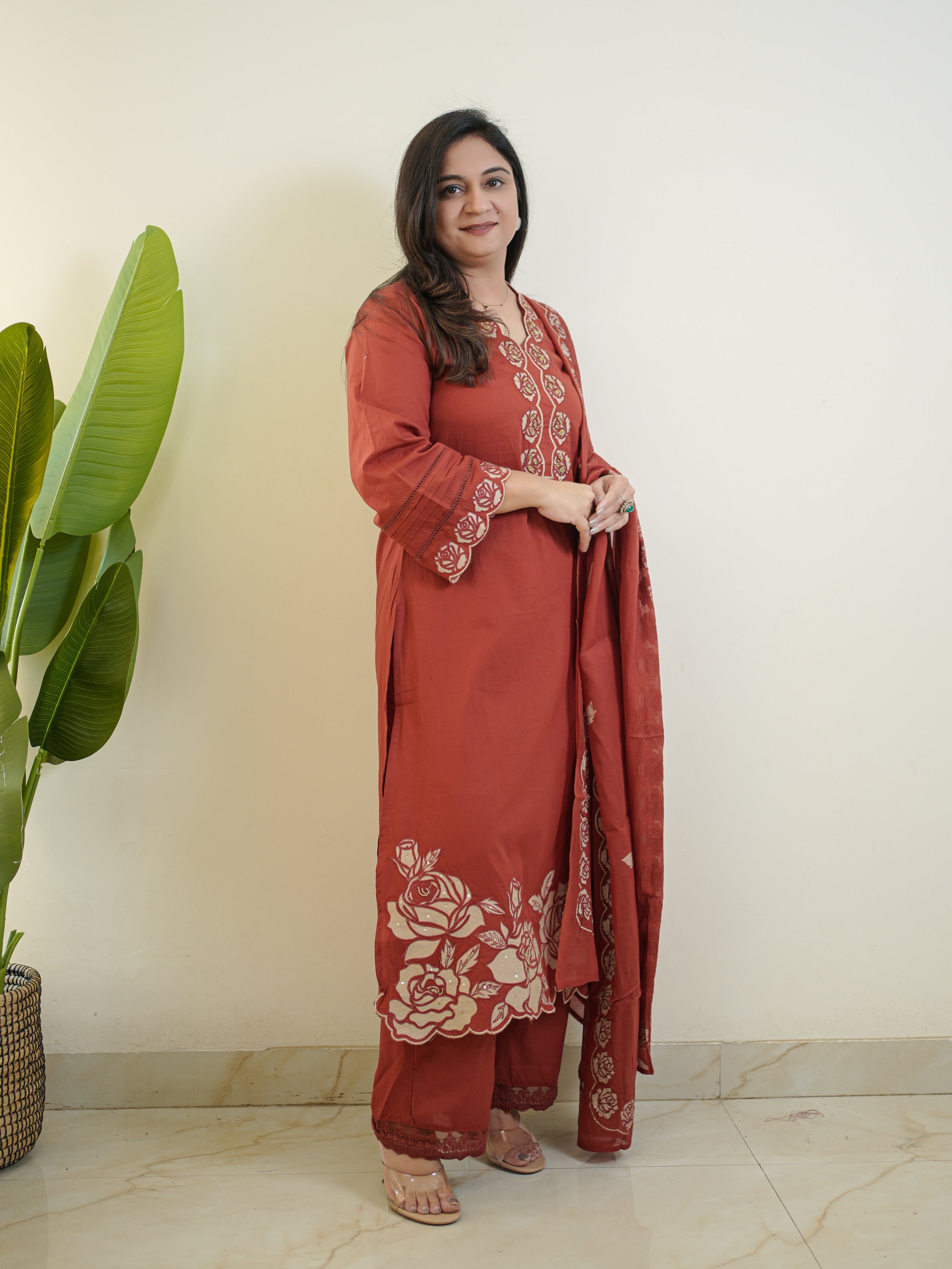 Sejal Rust Cotton Cutwork Applique HandEmbroidered Pant set