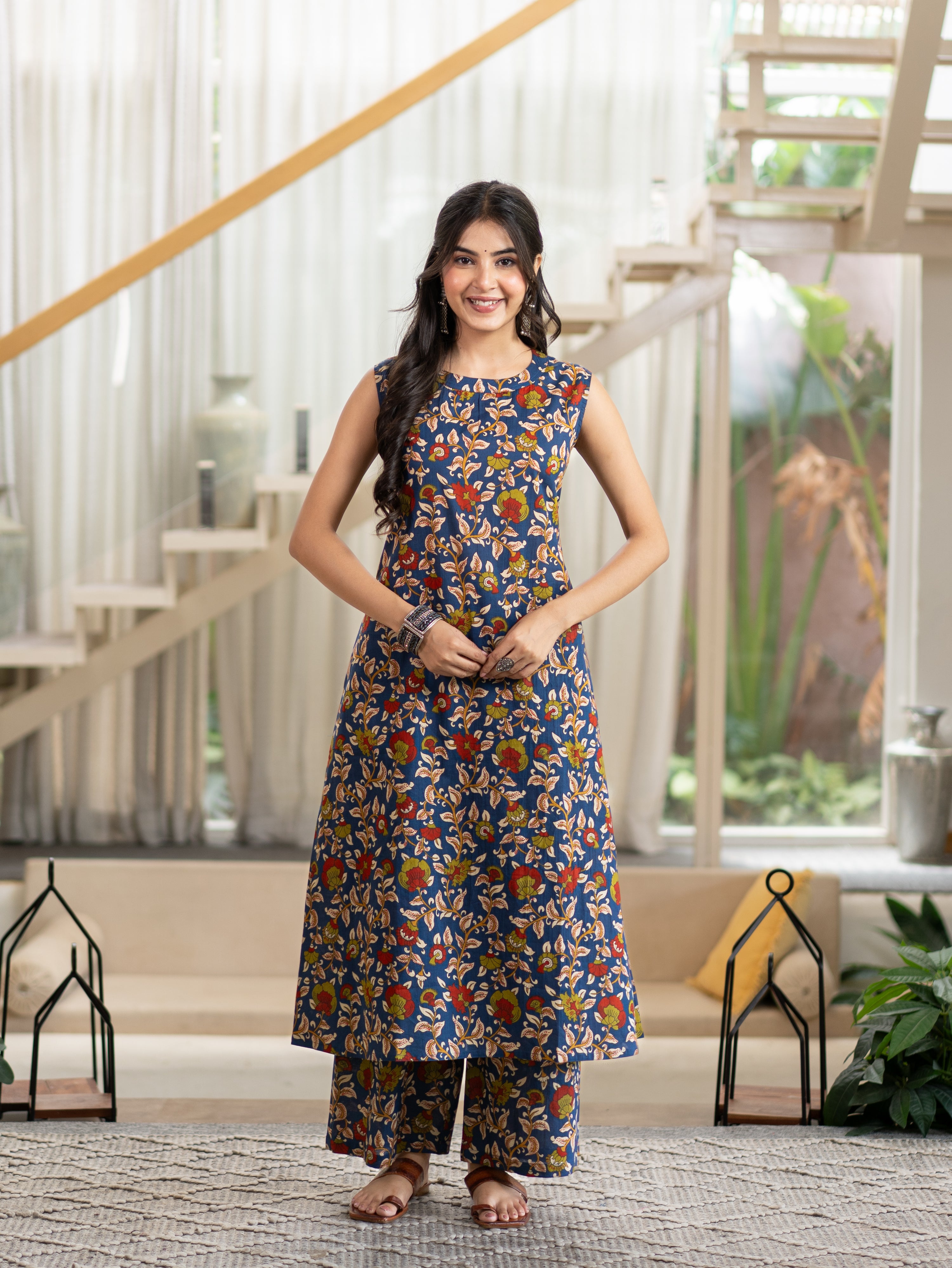 Zinal Blue Kamlamkari Cotton A-line Coord Set