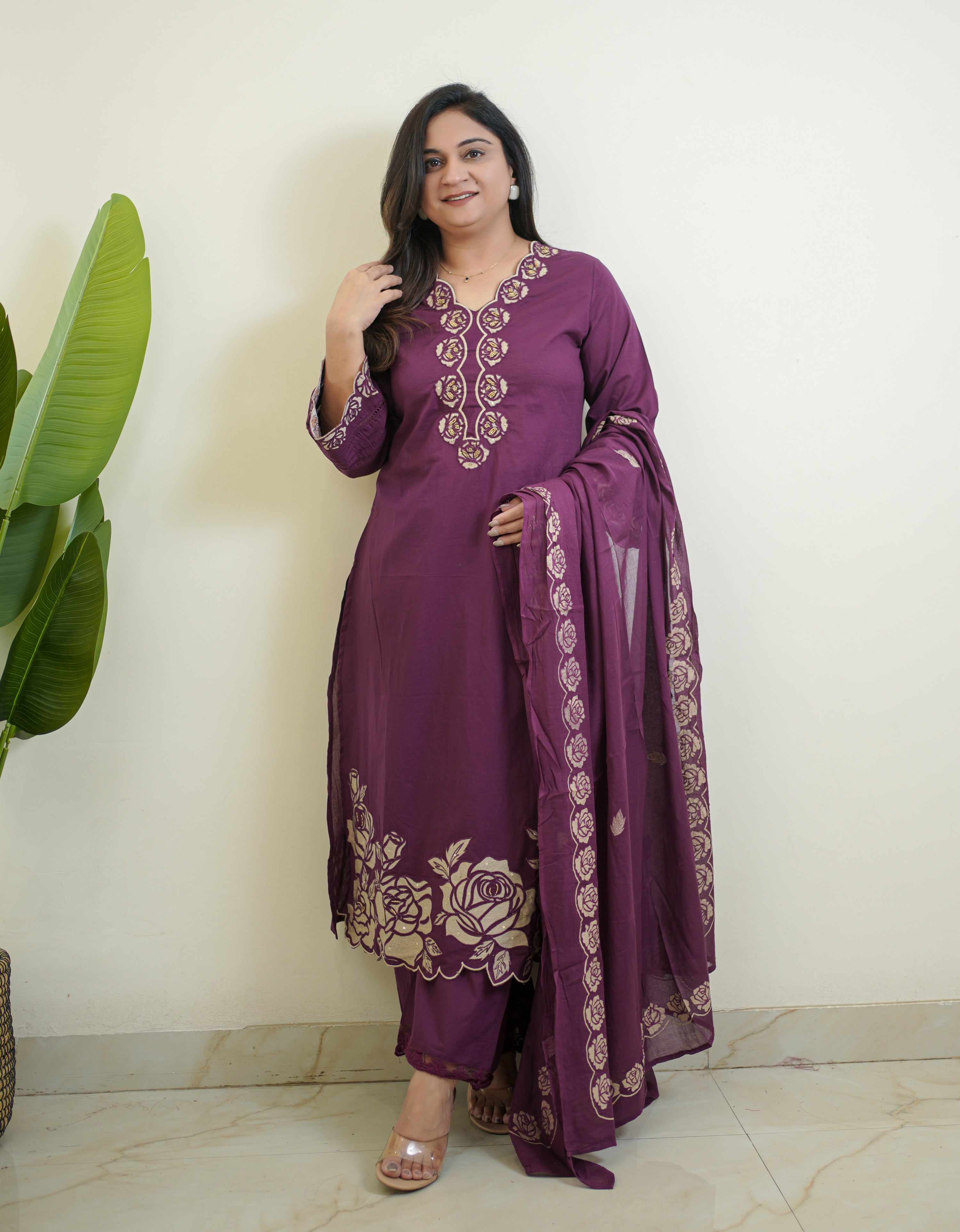 Sejal Purple Cotton Cutwork Applique HandEmbroidered Pant set