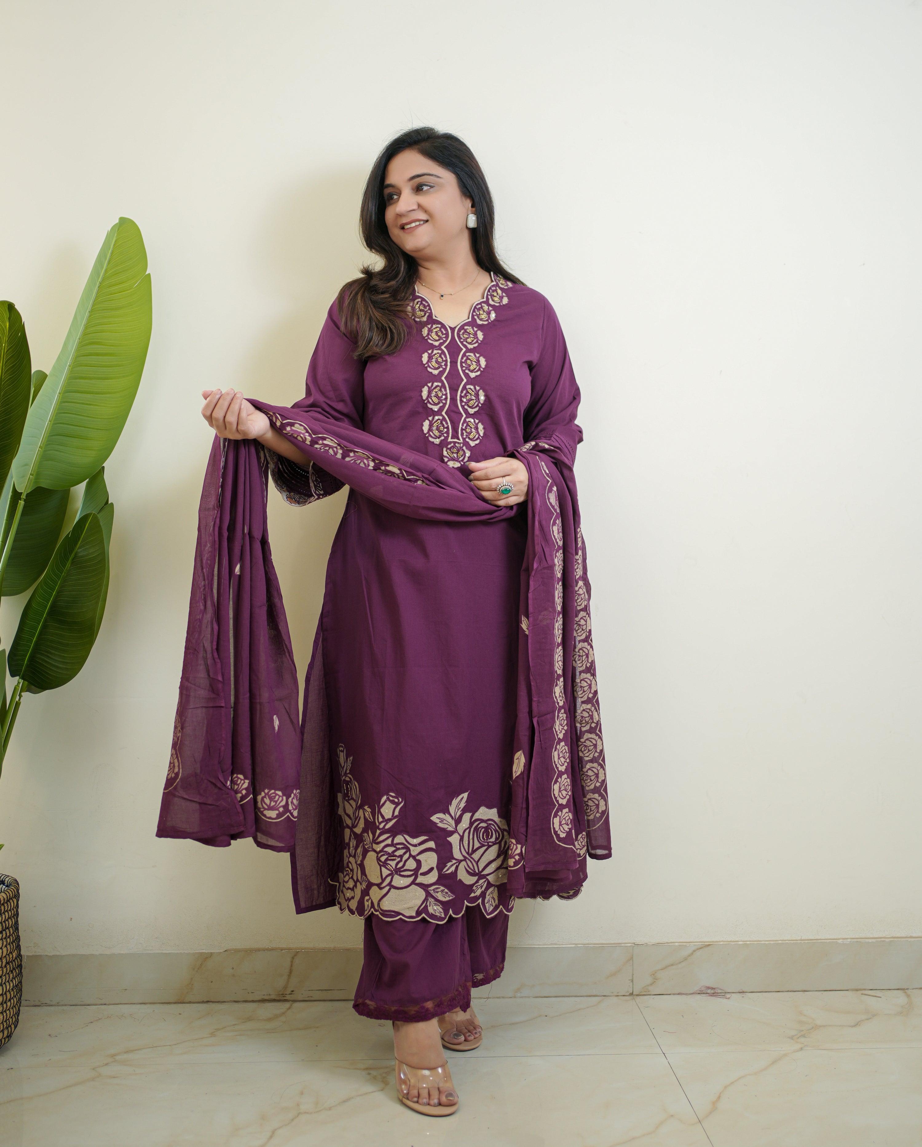 Sejal Purple Cotton Cutwork Applique HandEmbroidered Pant set