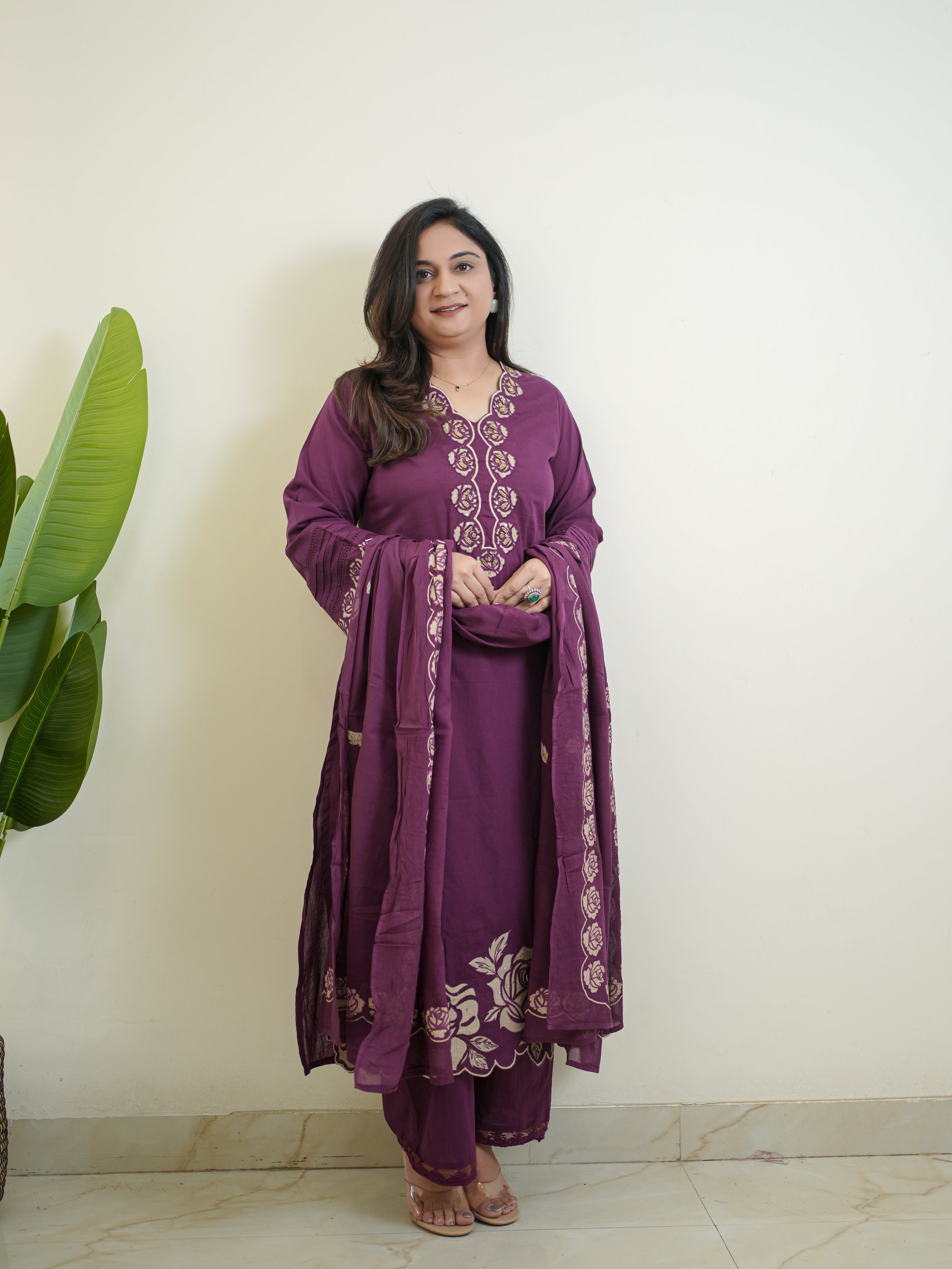 Sejal Purple Cotton Cutwork Applique HandEmbroidered Pant set