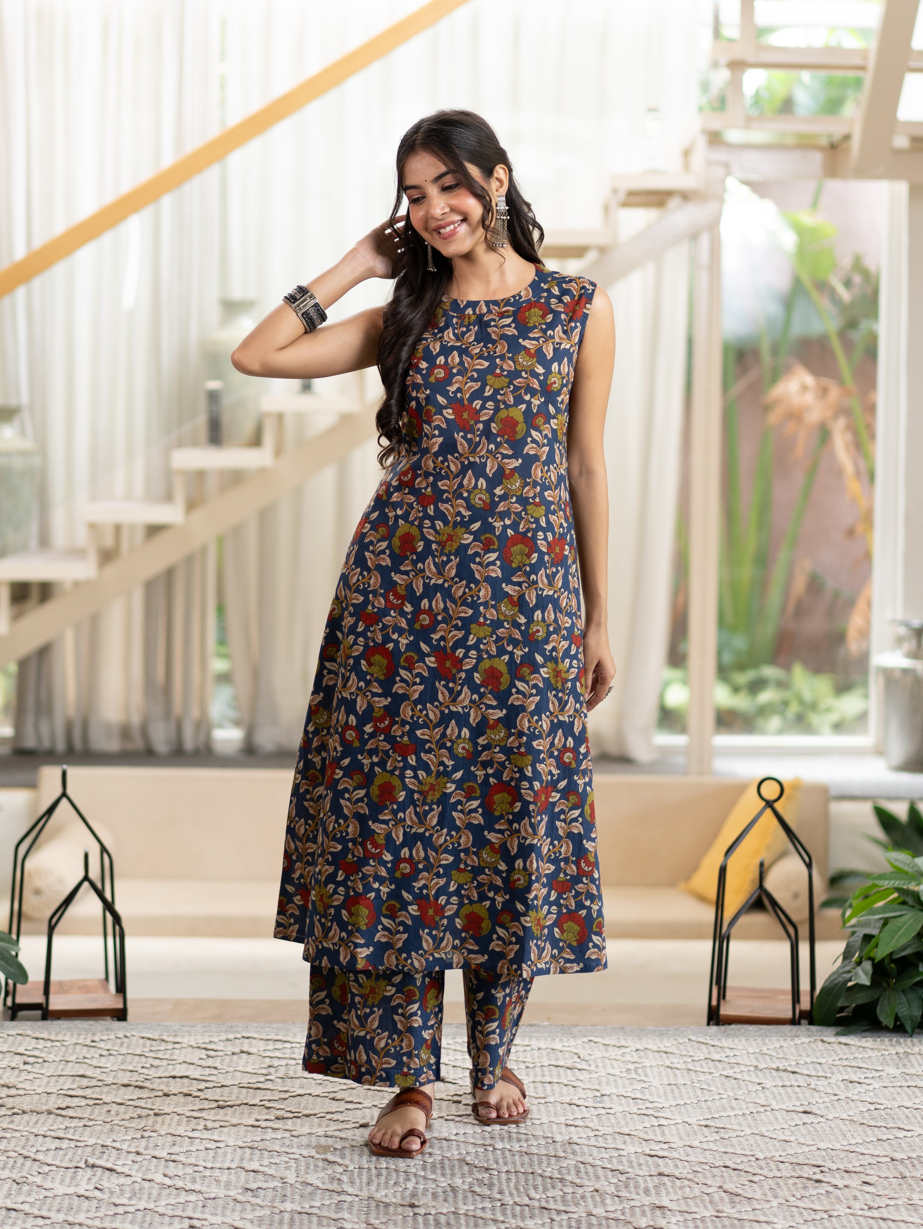 Zinal Blue Kamlamkari Cotton A-line Coord Set