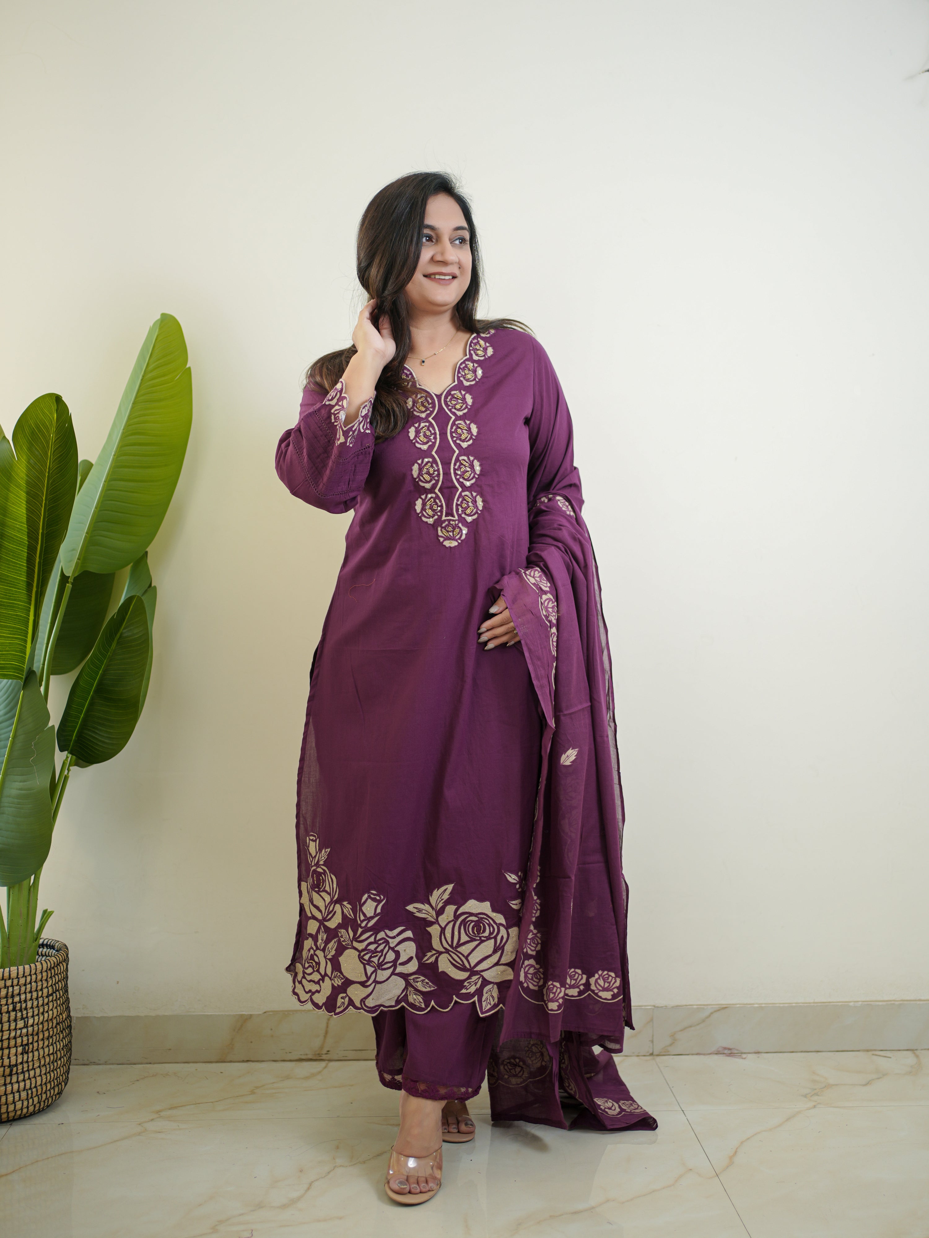 Sejal Purple Cotton Cutwork Applique HandEmbroidered Pant set