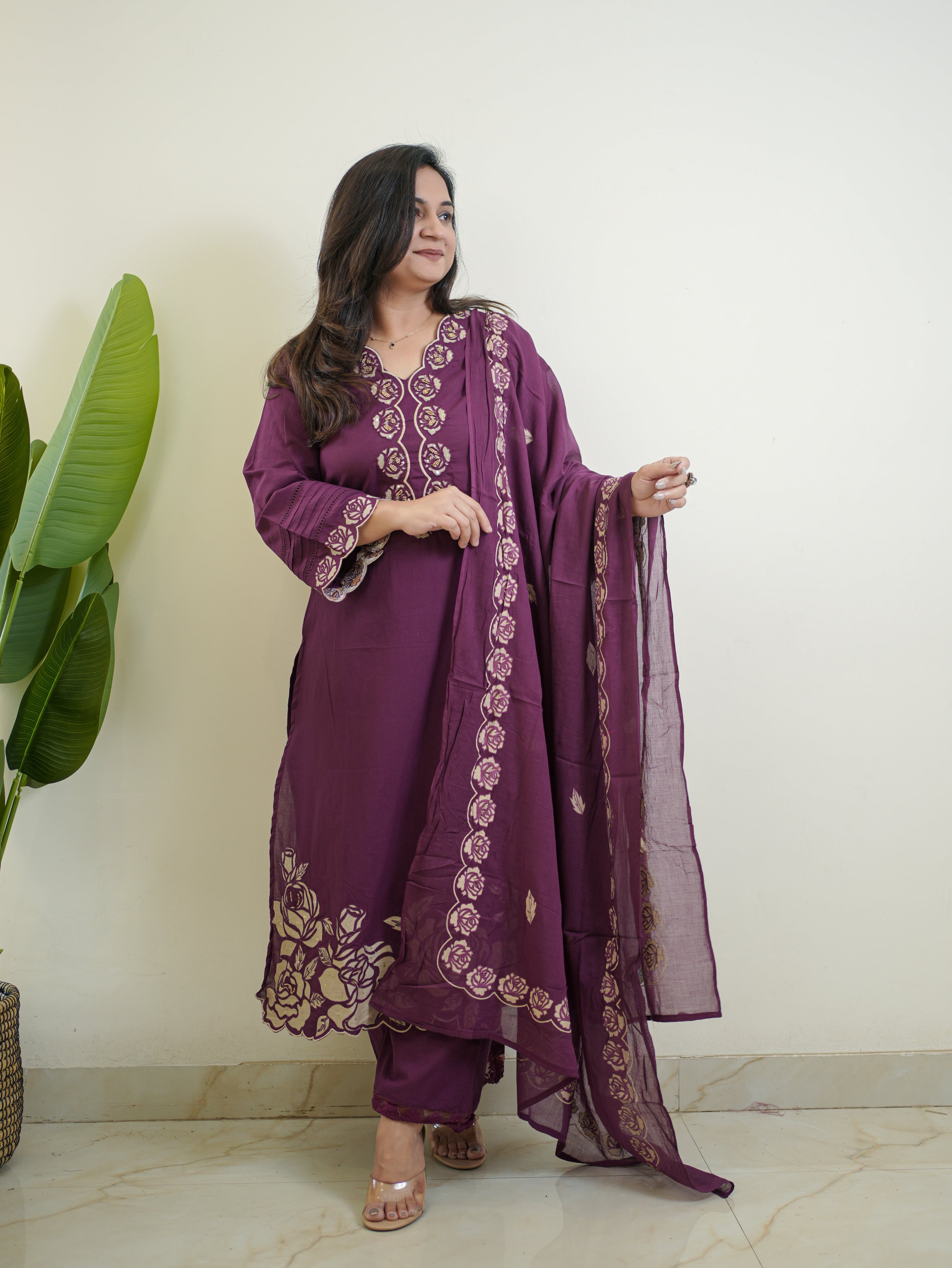 Sejal Purple Cotton Cutwork Applique HandEmbroidered Pant set