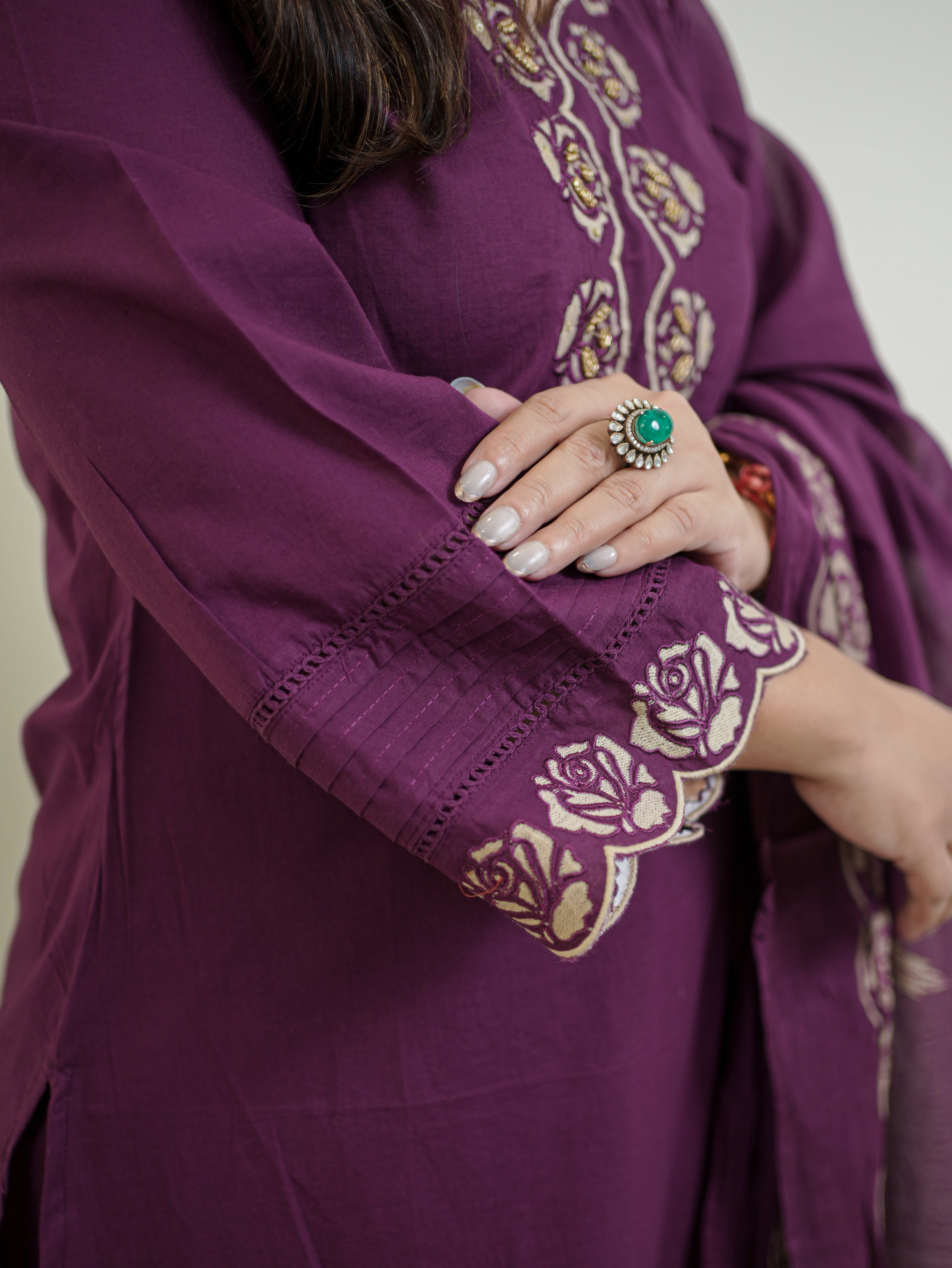 Sejal Purple Cotton Cutwork Applique HandEmbroidered Pant set