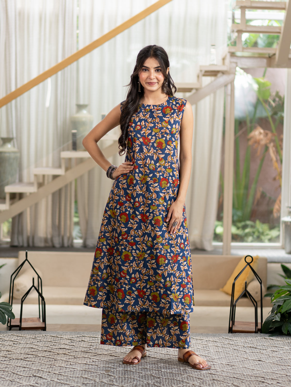 Zinal Blue Kamlamkari Cotton A-line Coord Set