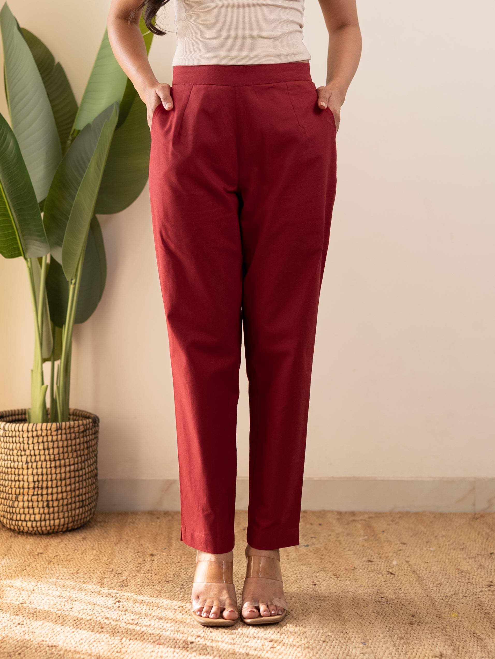 All-Day Cotton Straight Pant for Women-Maroon