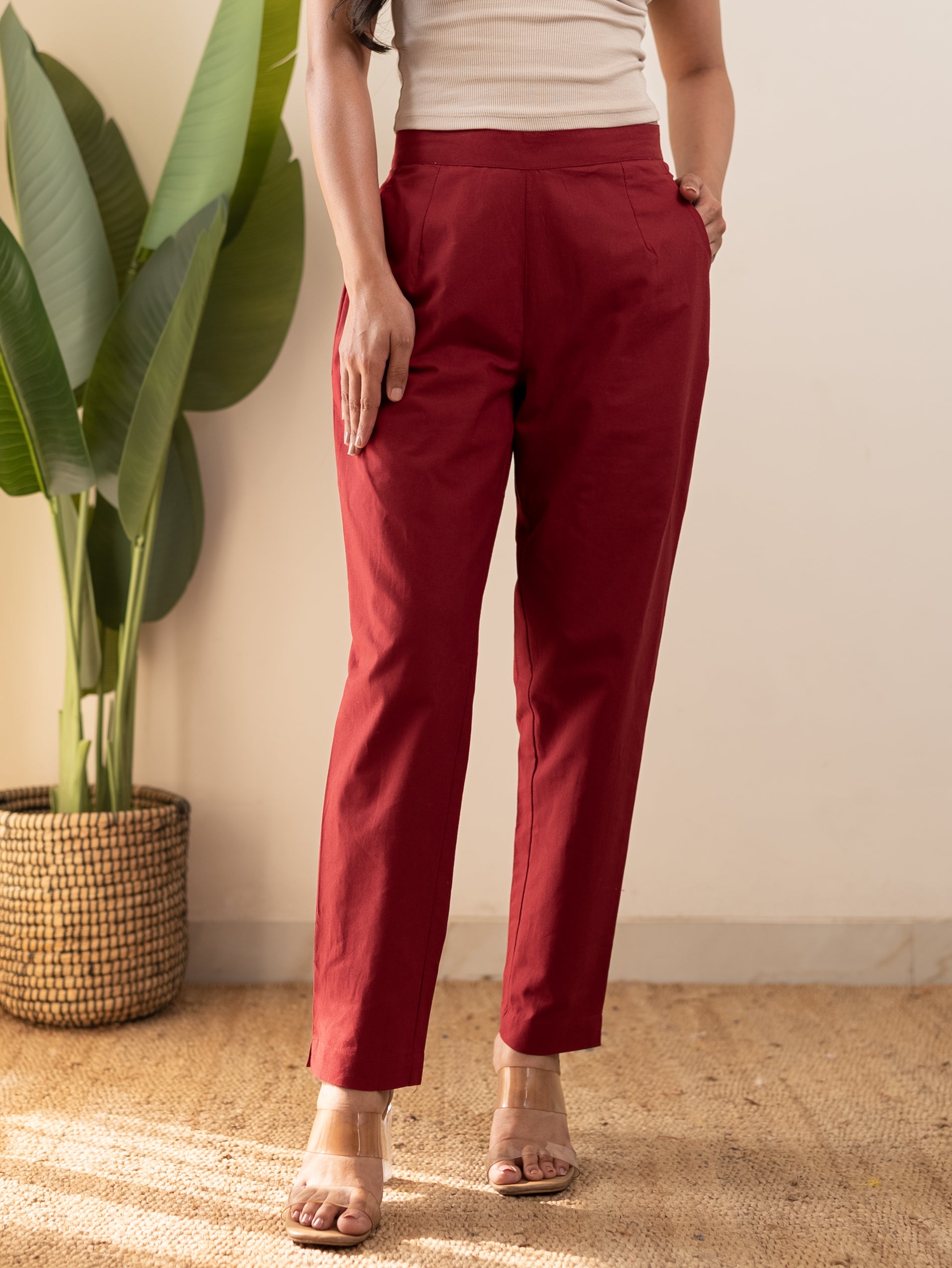 All-Day Cotton Straight Pant for Women-Maroon