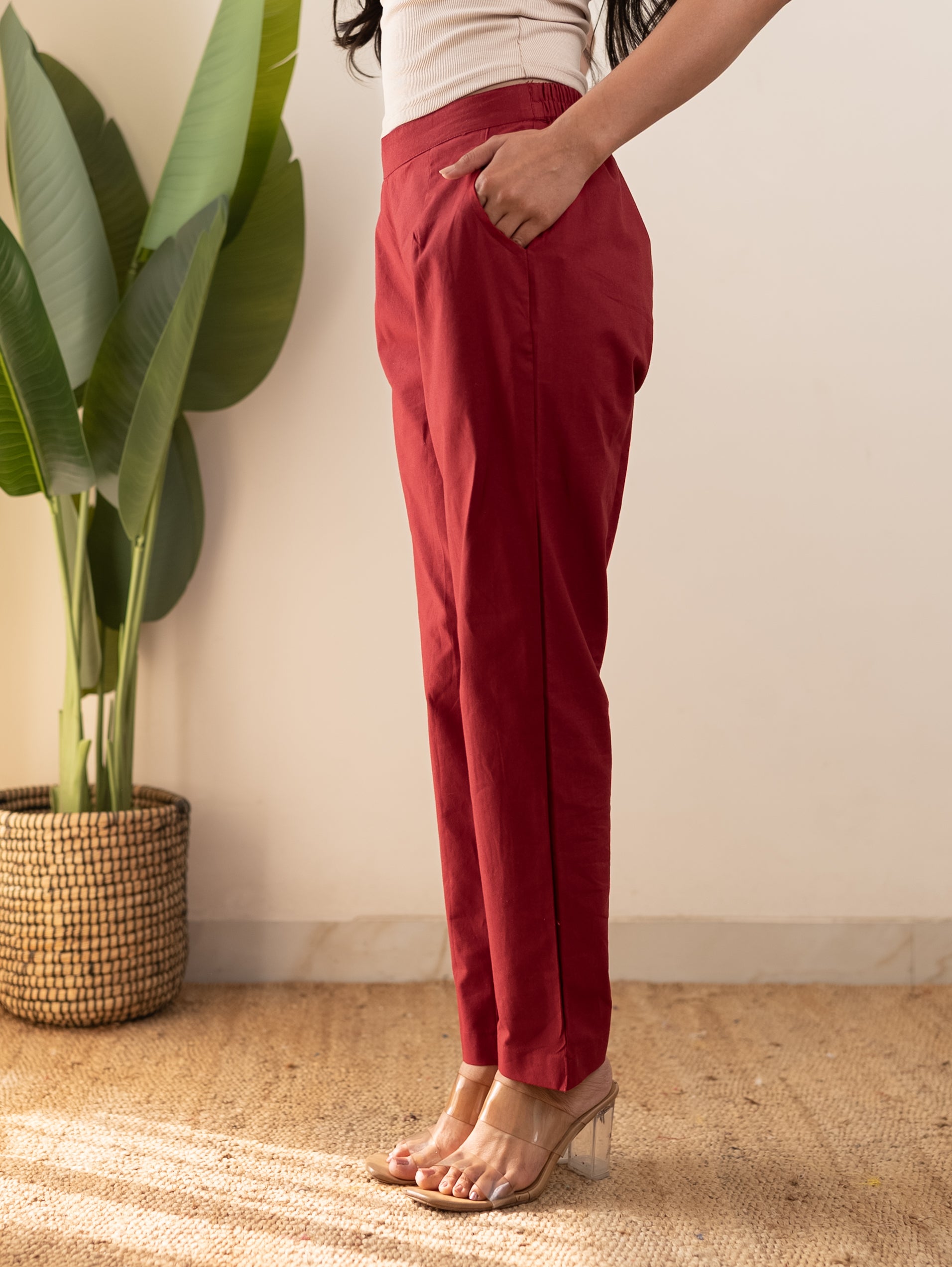All-Day Cotton Straight Pant for Women-Maroon