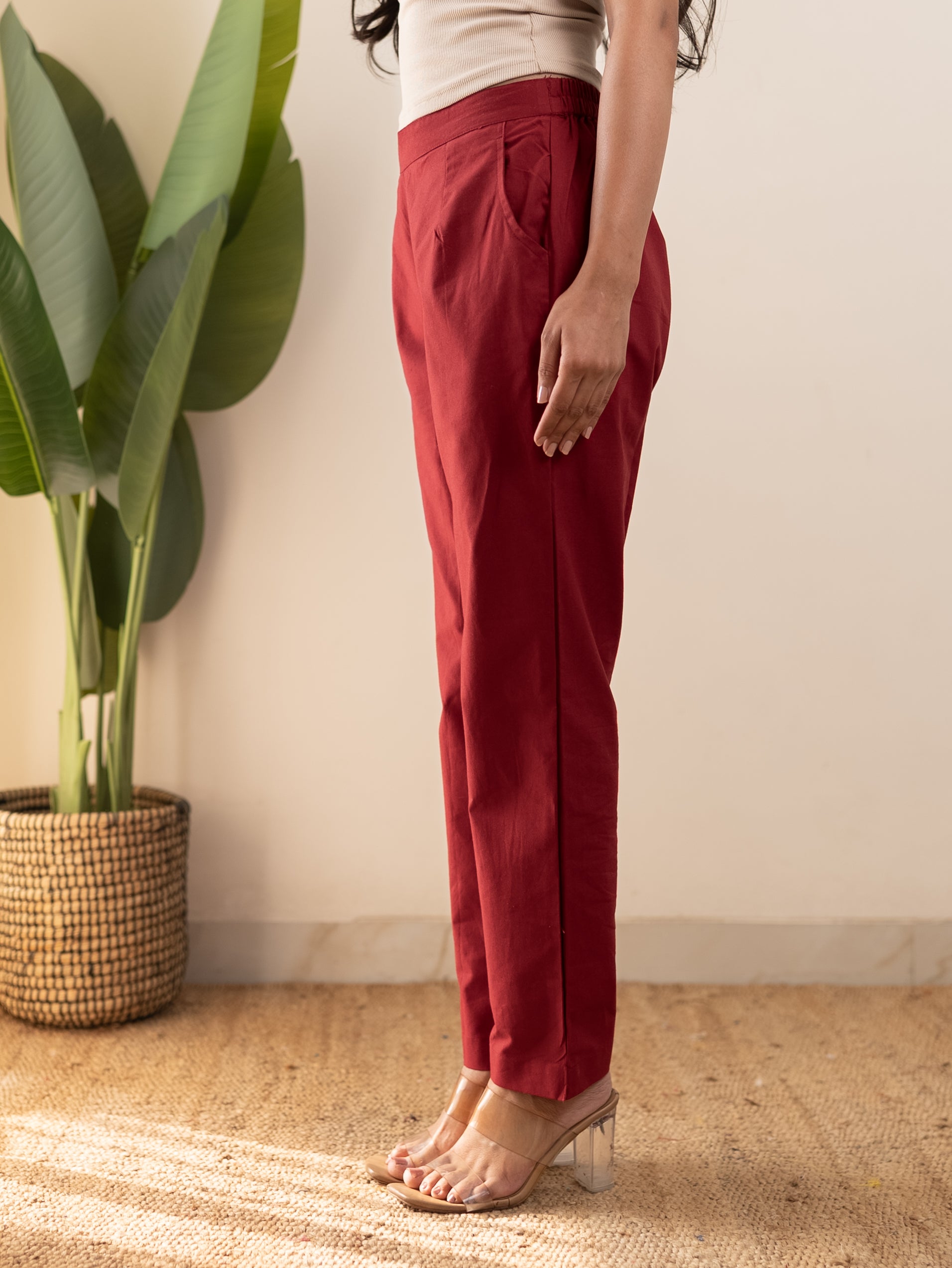 All-Day Cotton Straight Pant for Women-Maroon