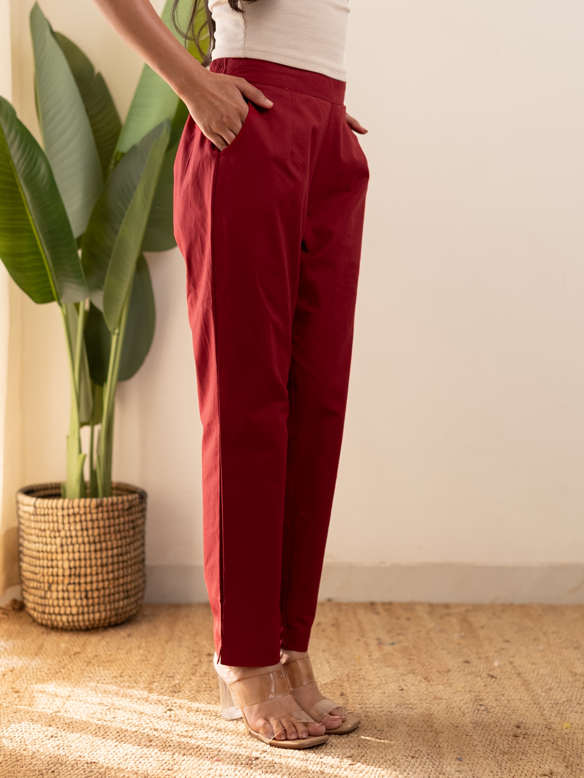 All-Day Cotton Straight Pant for Women-Maroon