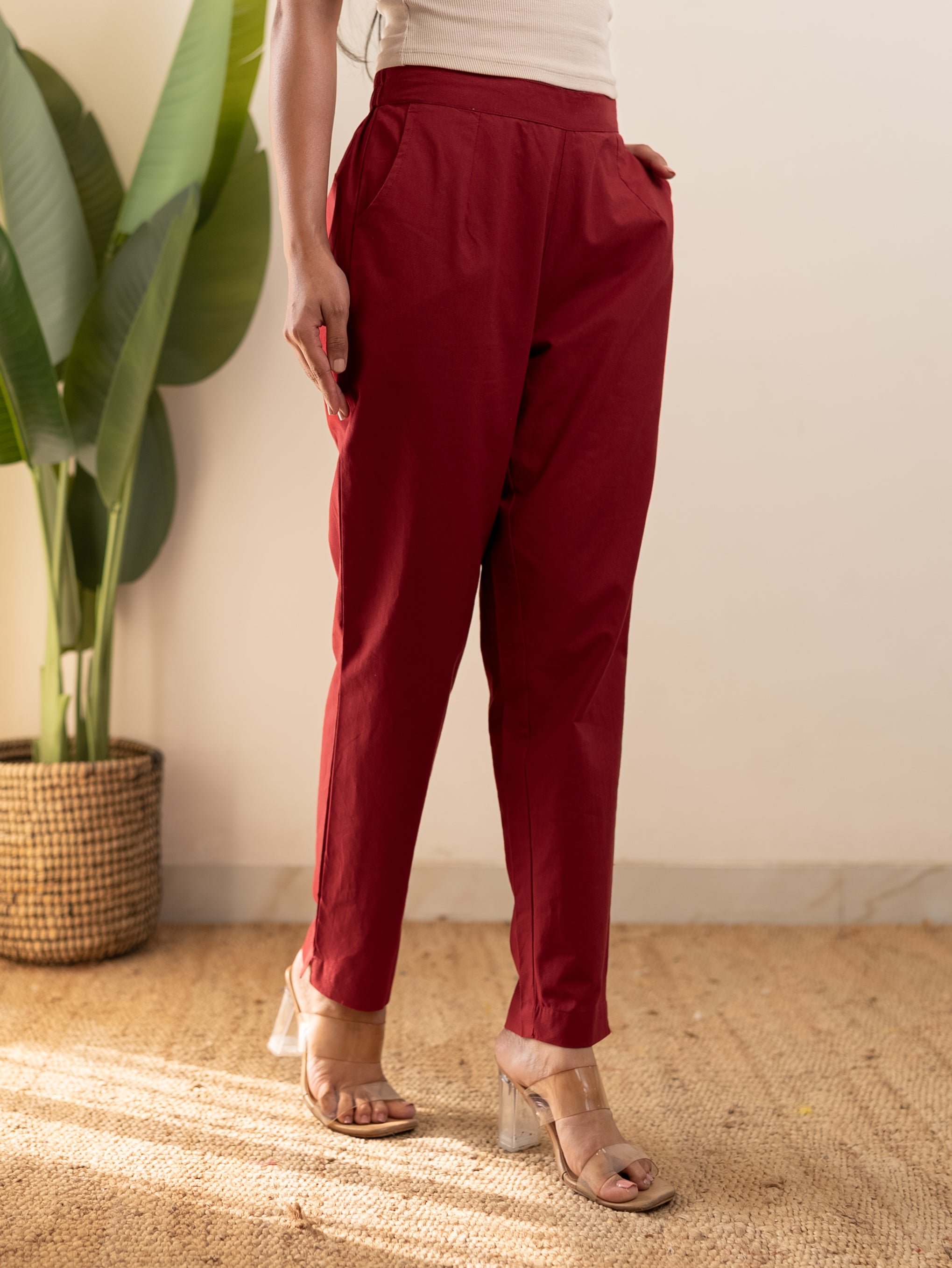All-Day Cotton Straight Pant for Women-Maroon