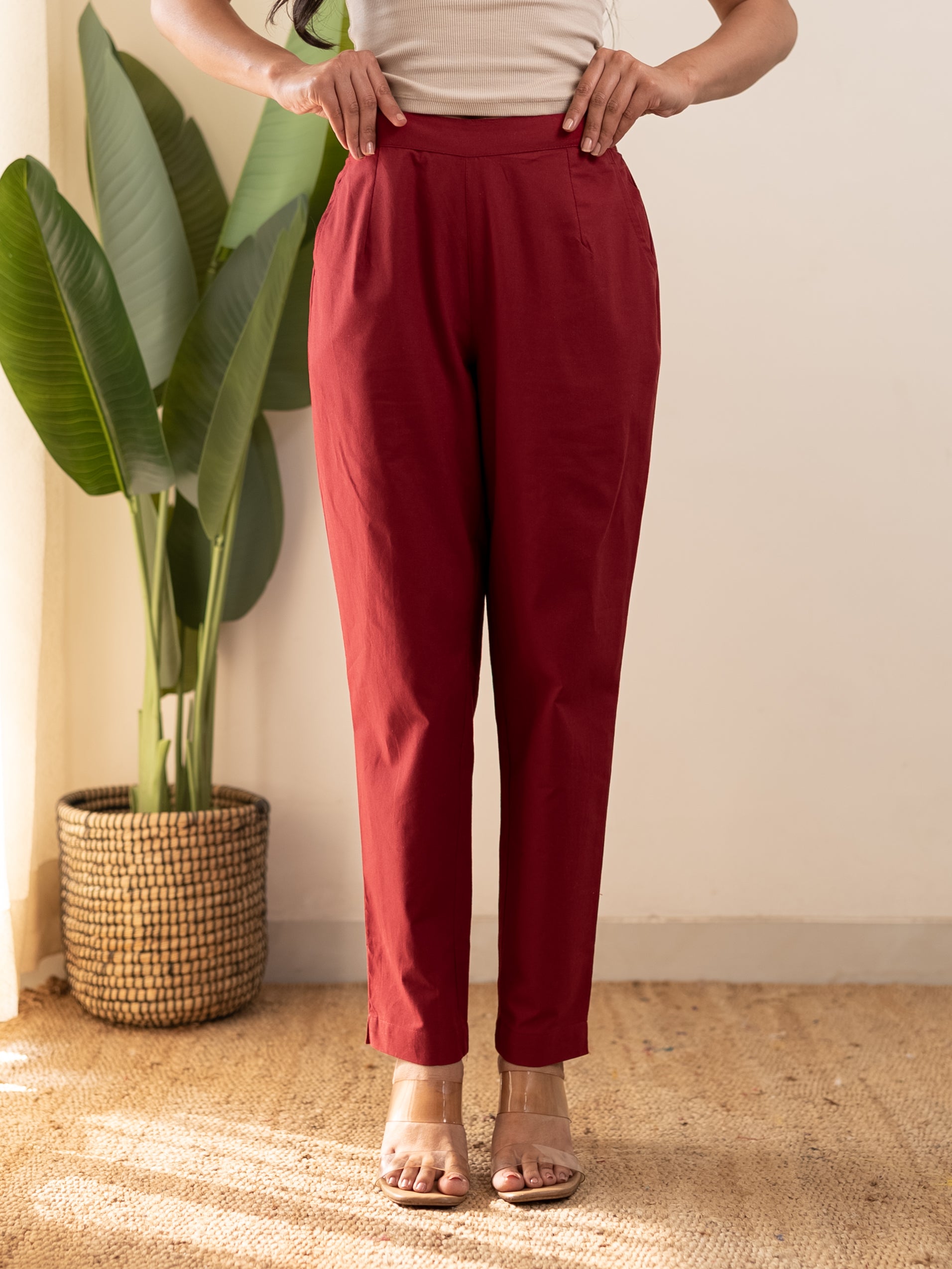 All-Day Cotton Straight Pant for Women-Maroon