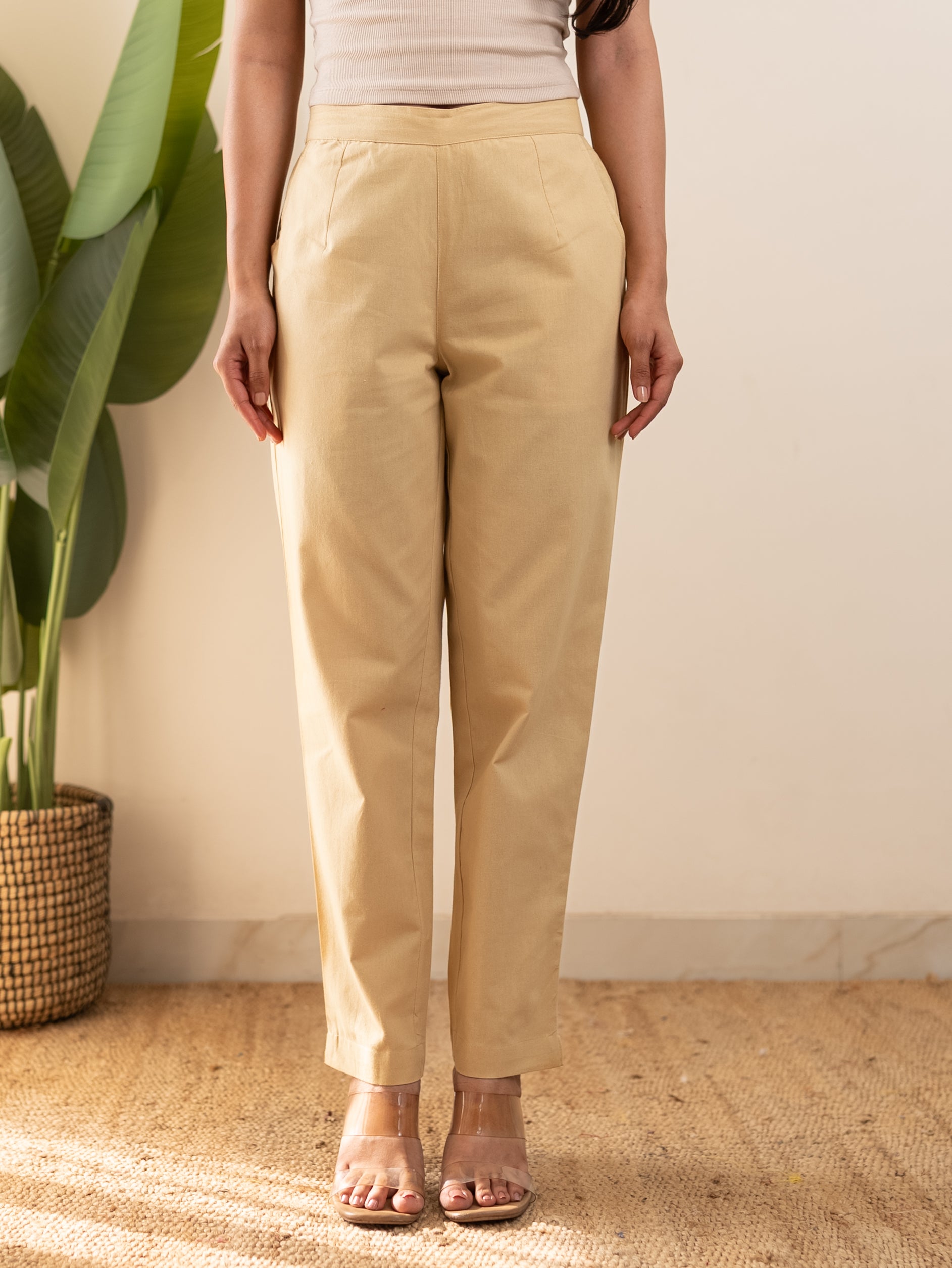 All-Day Cotton Straight Pant for Women-Beige