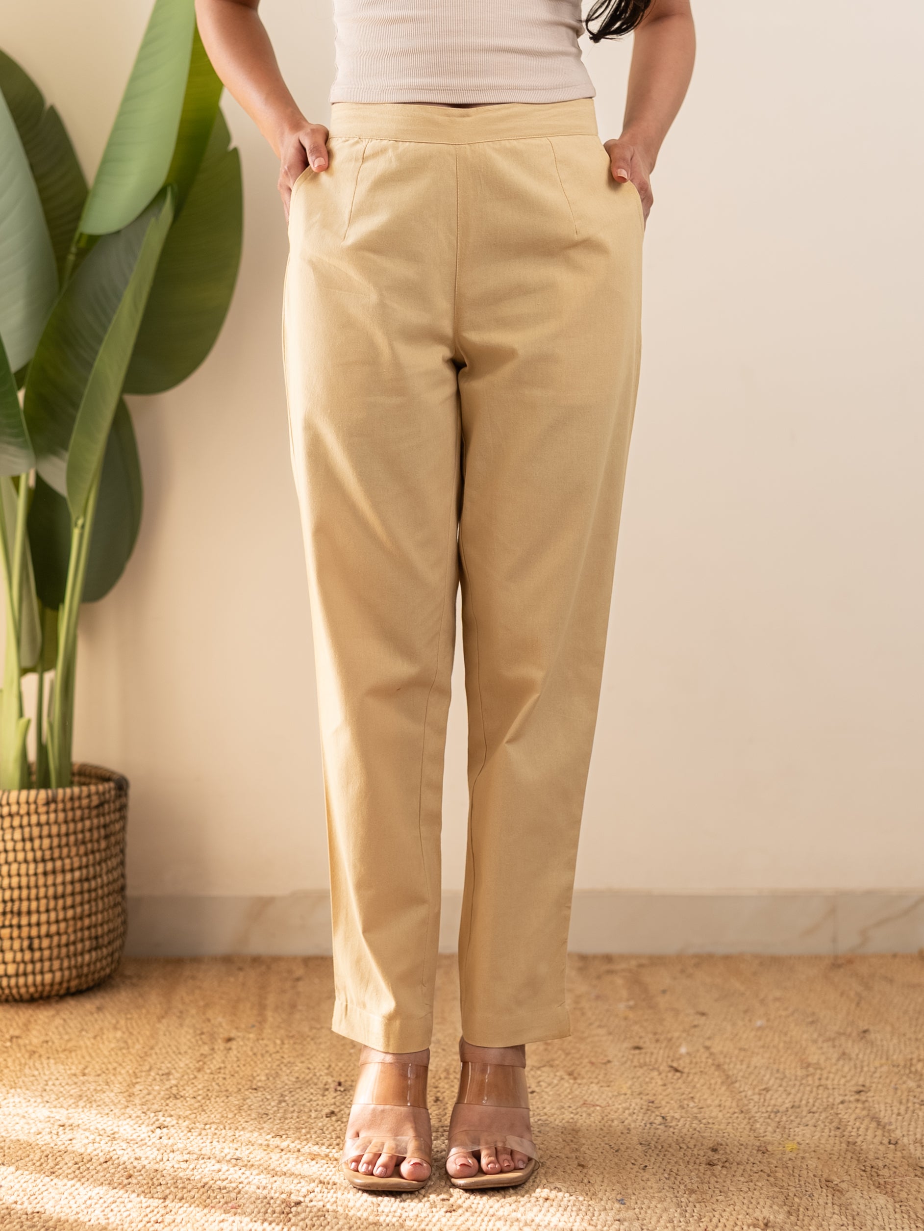 All-Day Cotton Straight Pant for Women-Beige