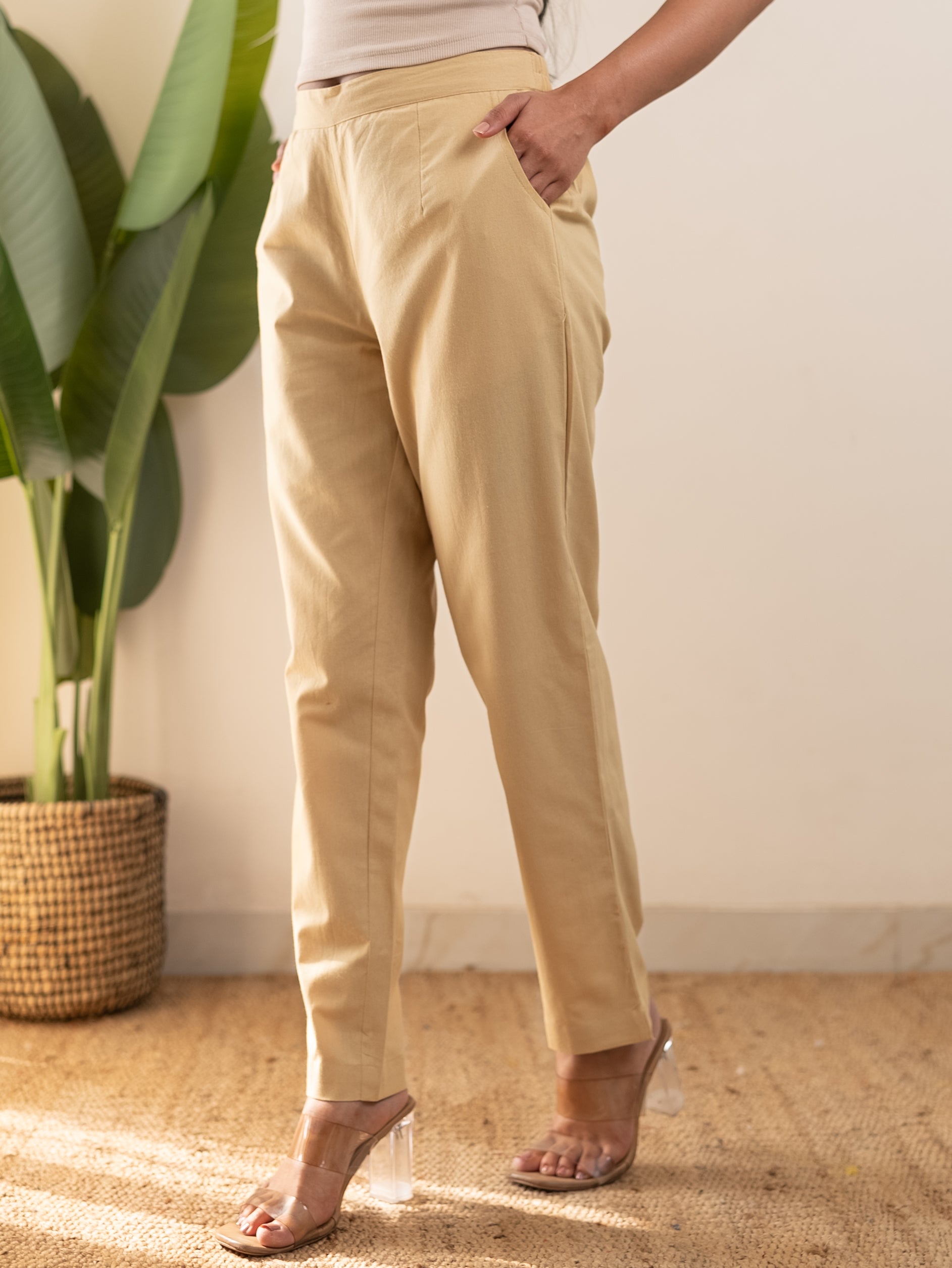 All-Day Cotton Straight Pant for Women-Beige