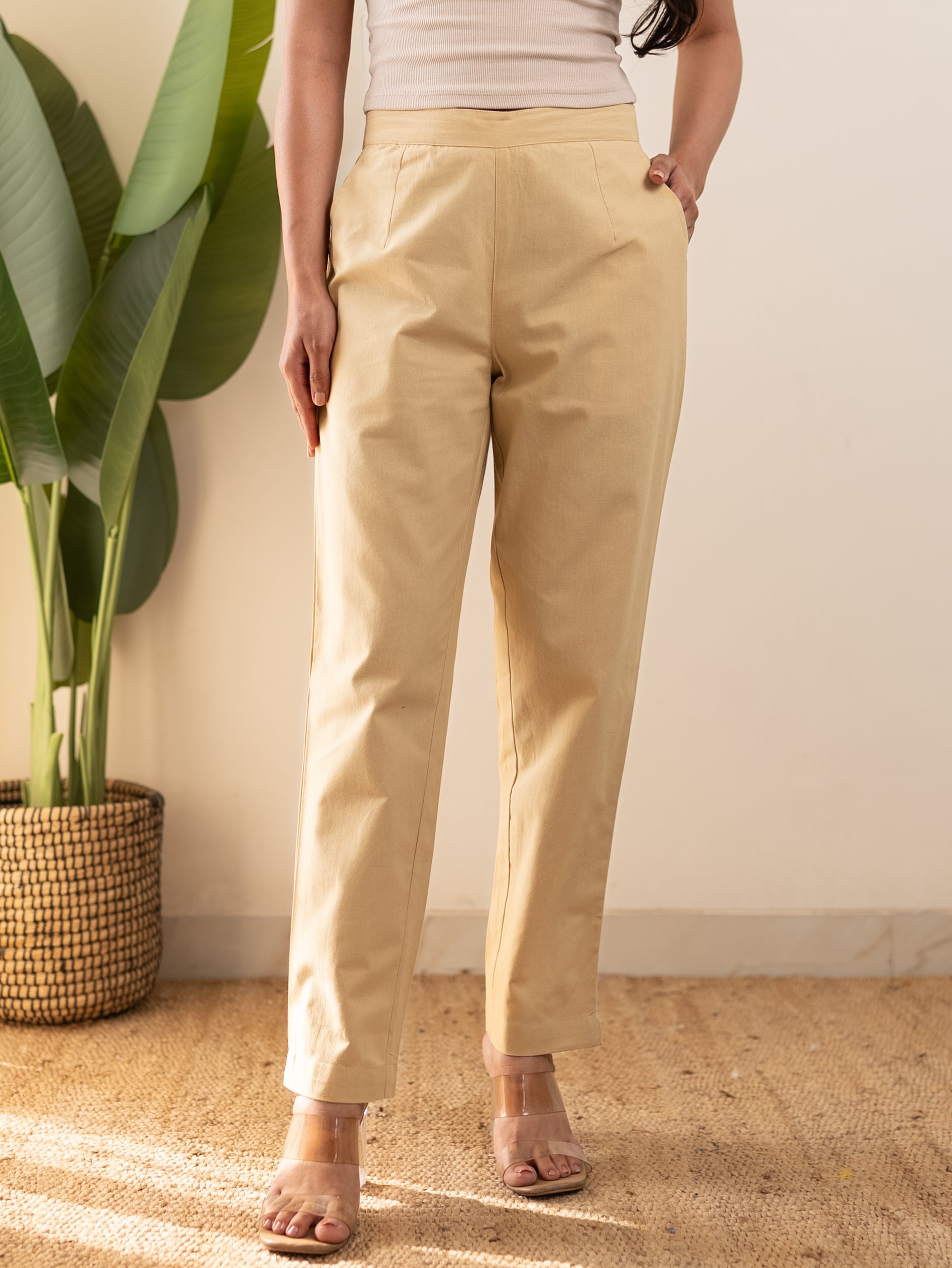 All-Day Cotton Straight Pant for Women-Beige