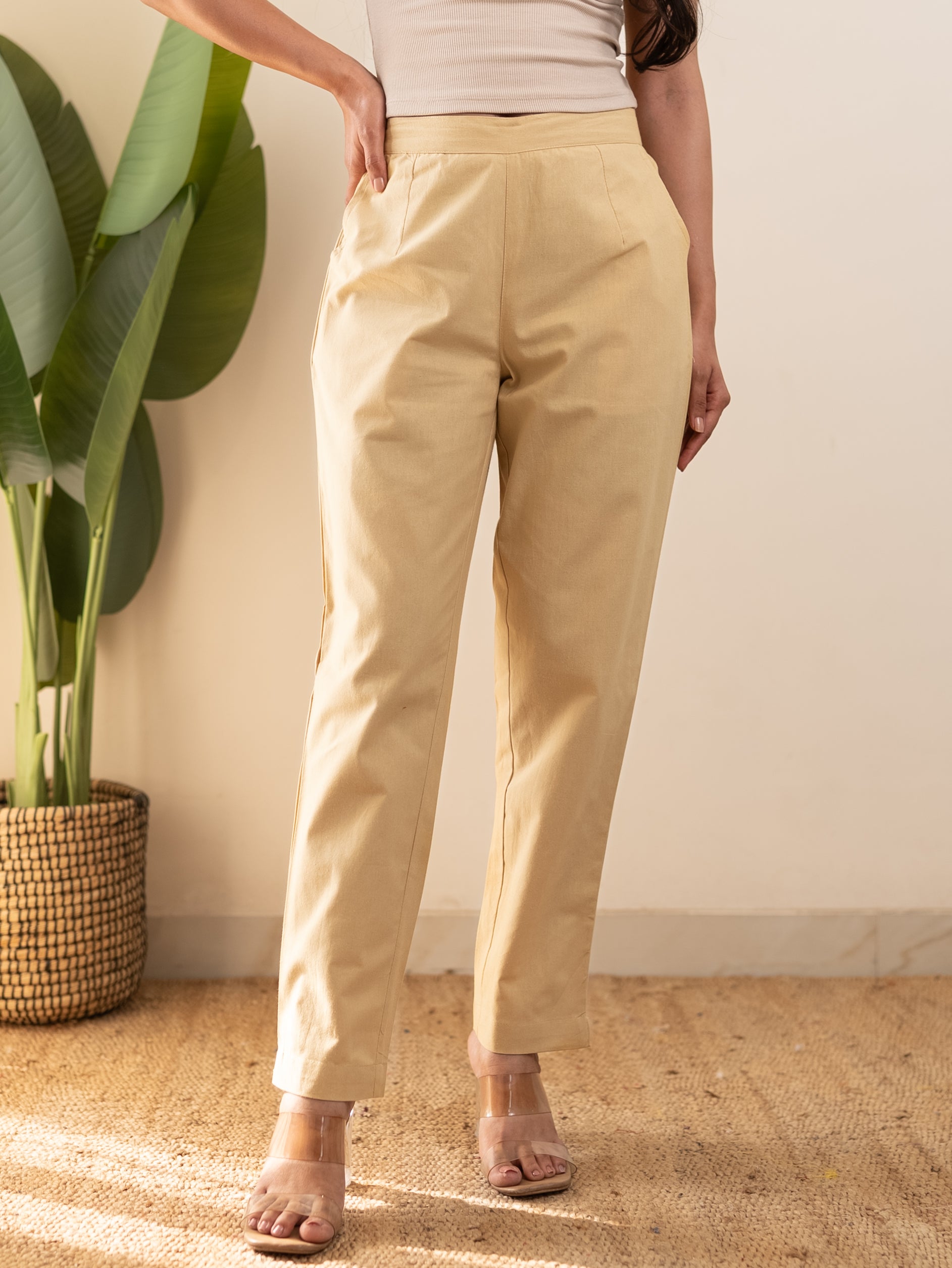All-Day Cotton Straight Pant for Women-Beige