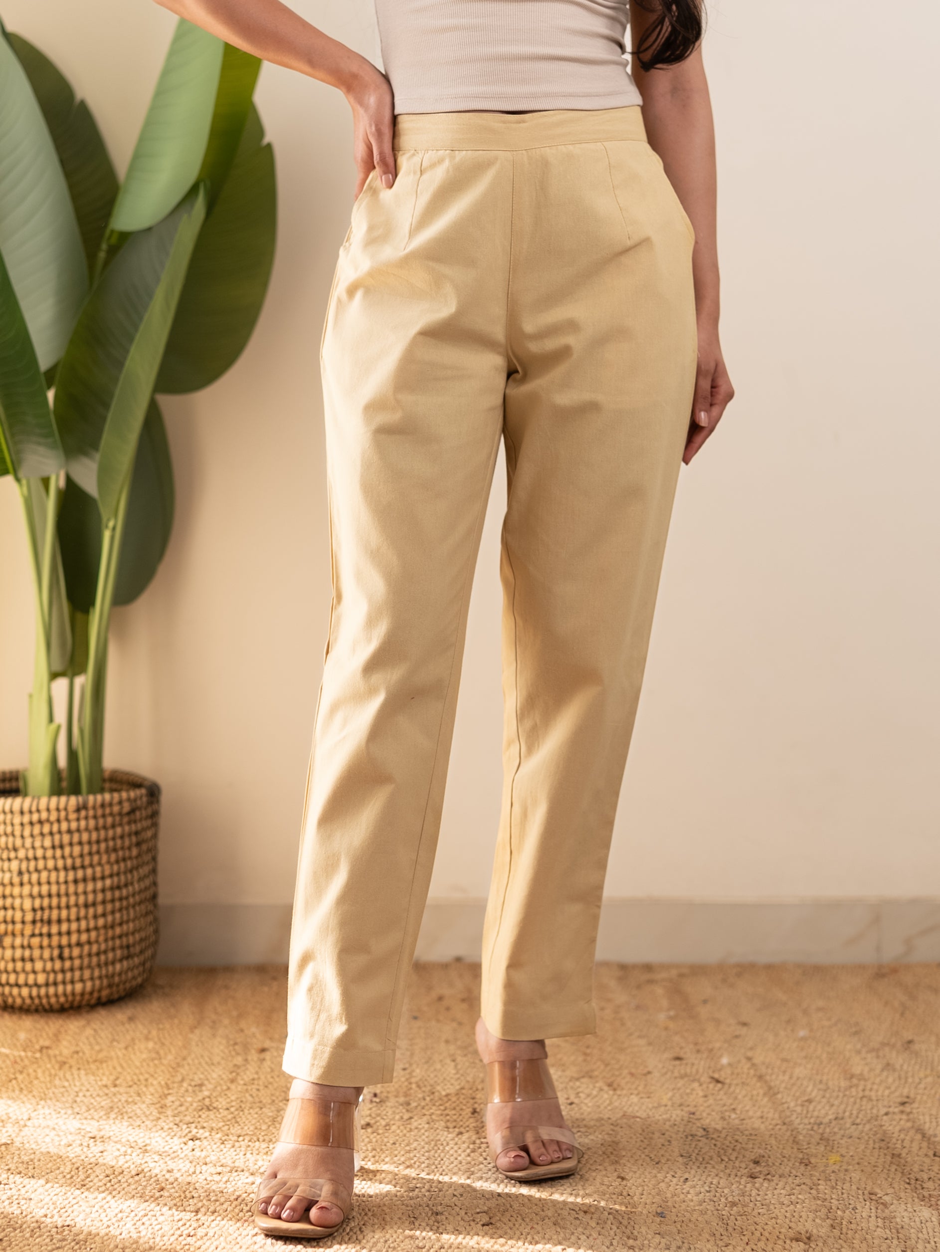 All-Day Cotton Straight Pant for Women-Beige