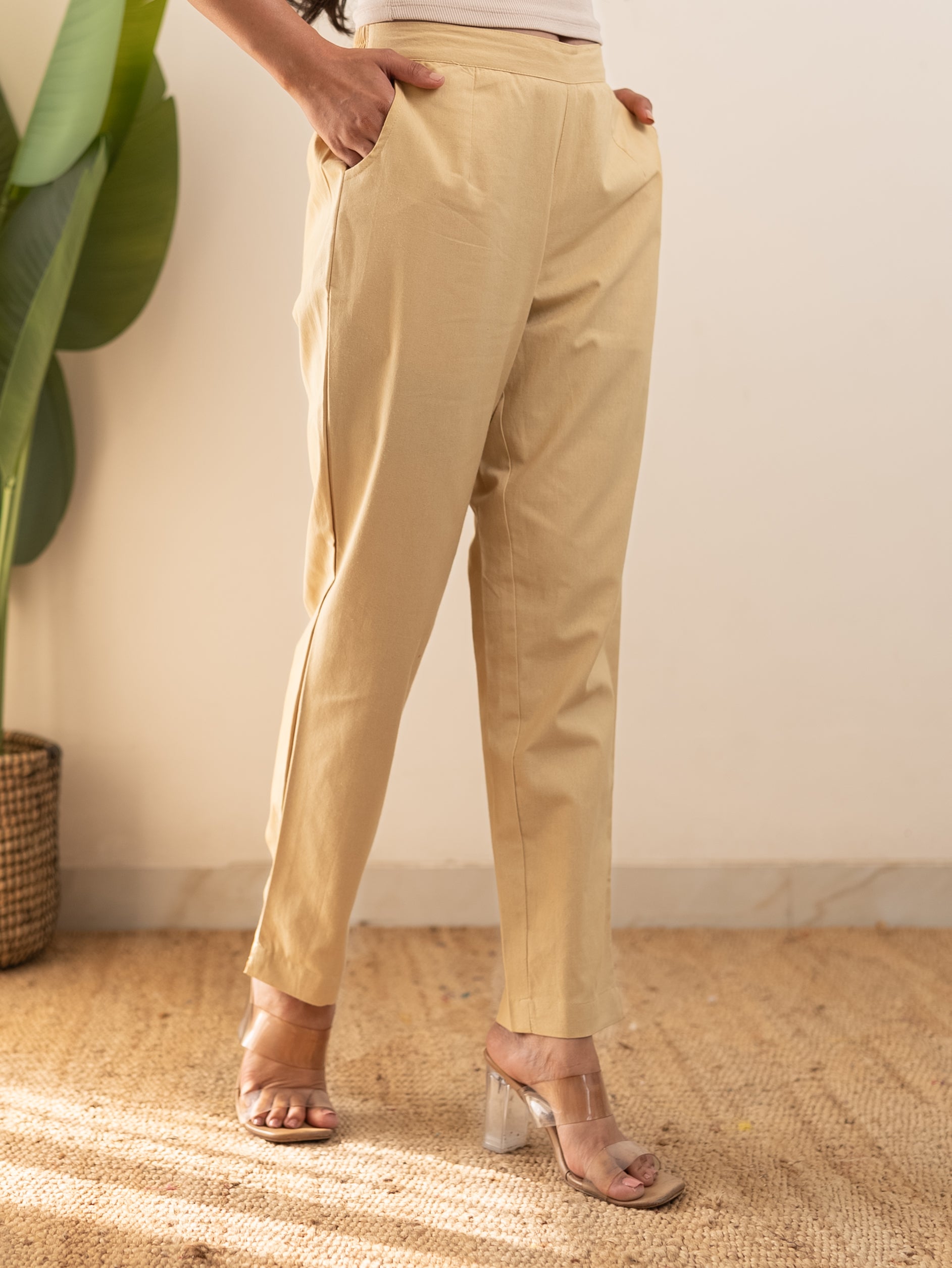 All-Day Cotton Straight Pant for Women-Beige
