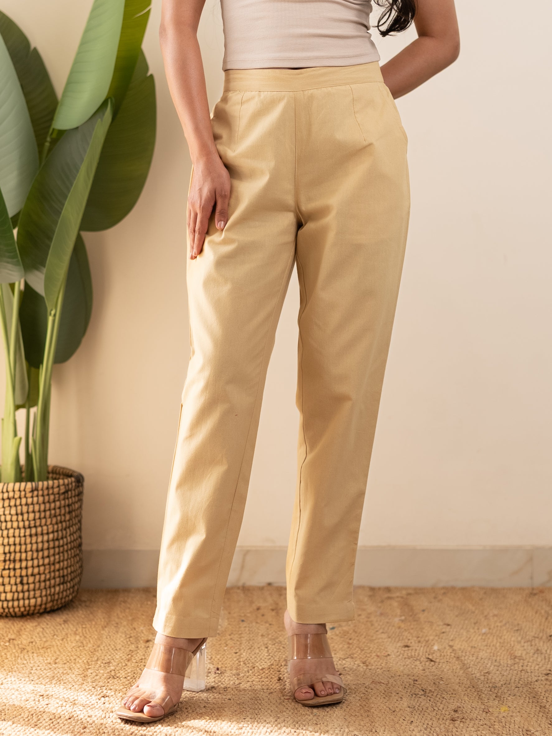 All-Day Cotton Straight Pant for Women-Beige