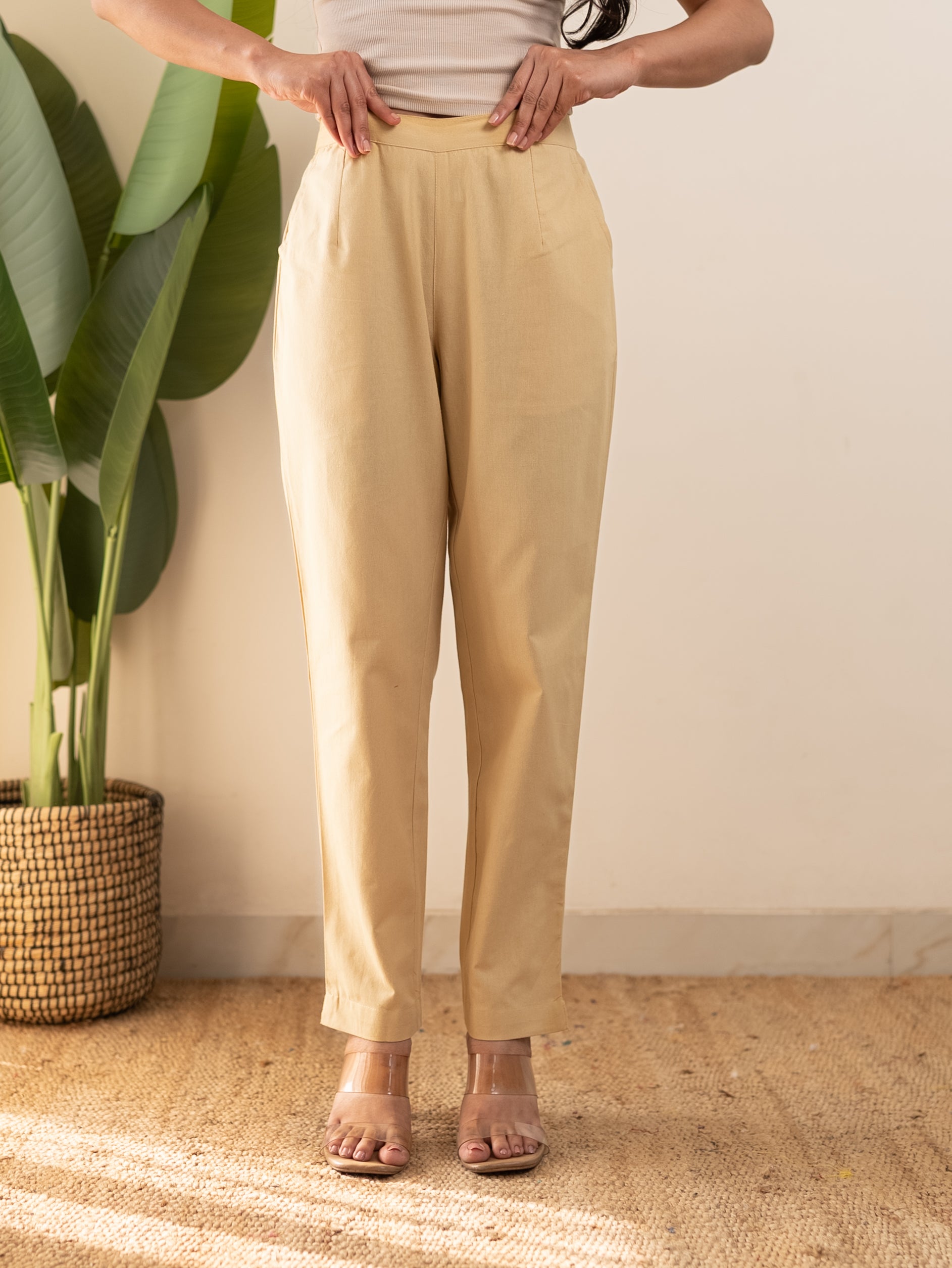 All-Day Cotton Straight Pant for Women-Beige